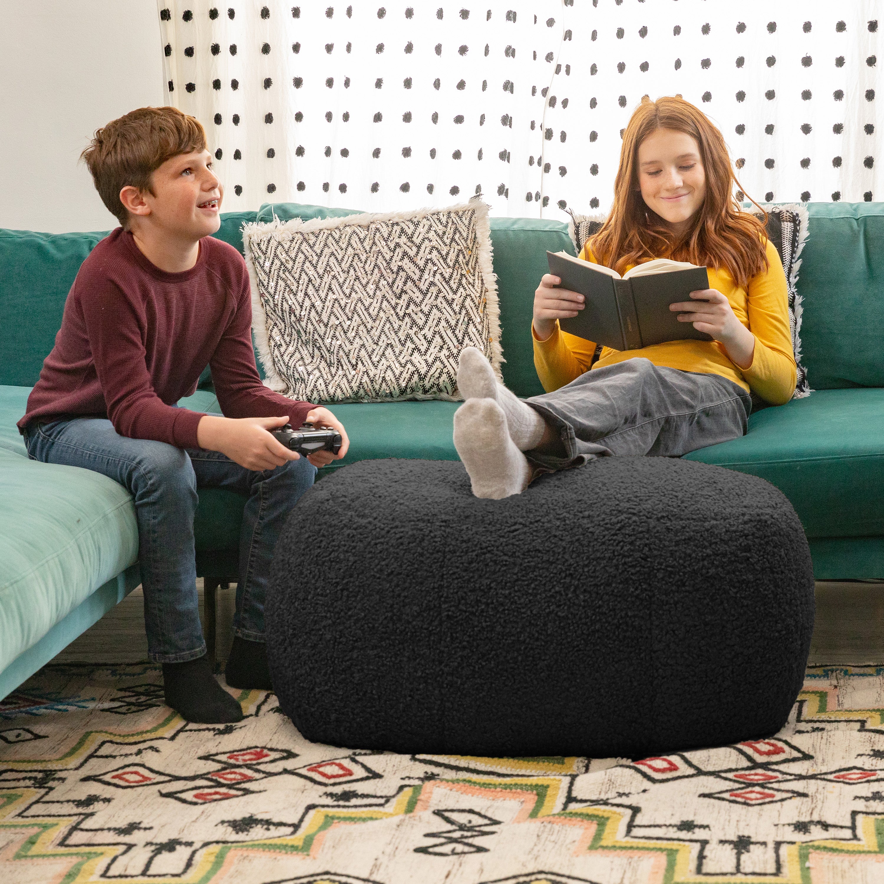 Jaxx Ellis Ottoman Shearling Faux-Lamb Plush Pouf for Modern Interior Design, Oval, Black