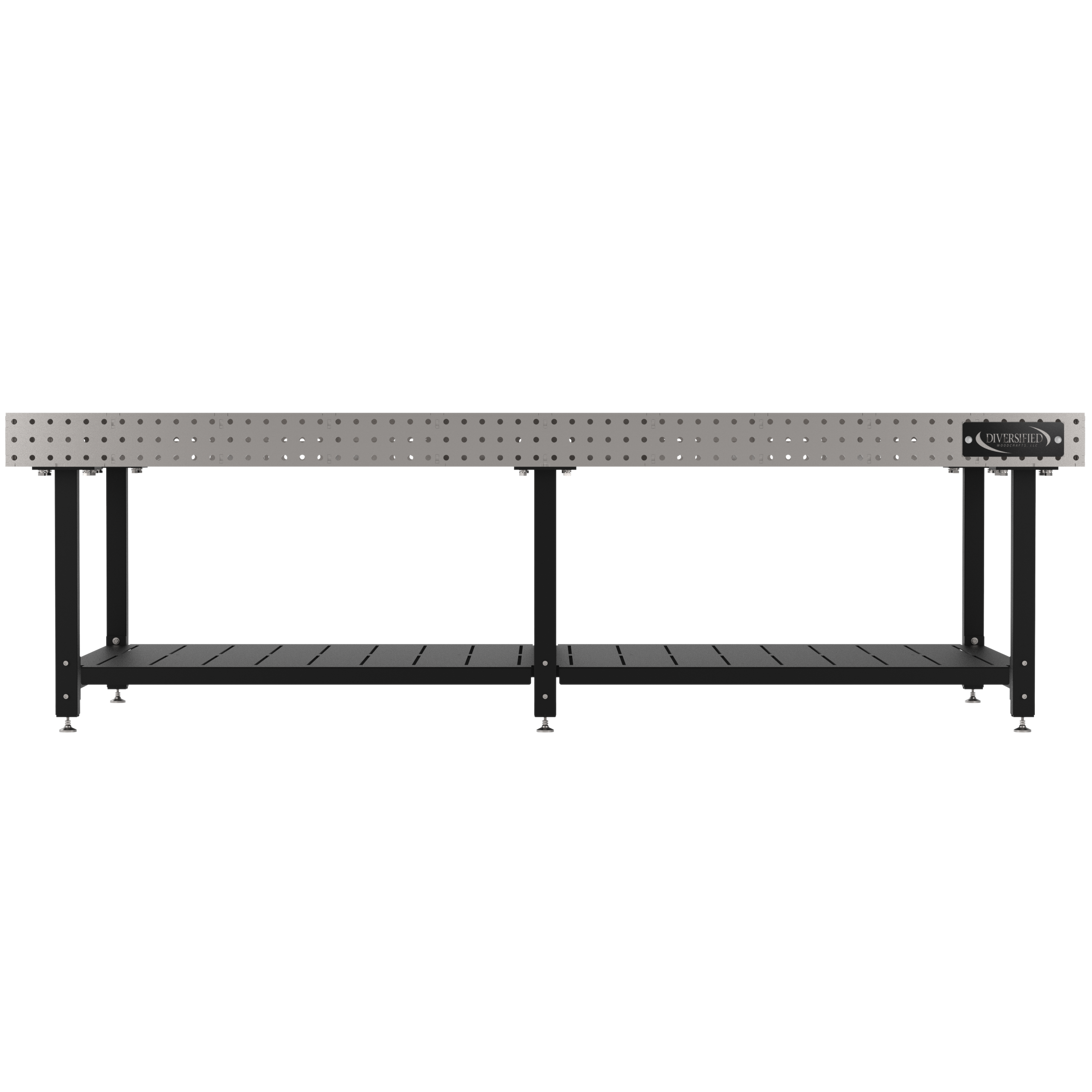 Welding Fixture Table, Fixed Height, 36"H x 120"L x 60"D, 1/4" Carbon Steel Top, Six Black Powdercoat Legs, Shelf, Self-Leveling Feet