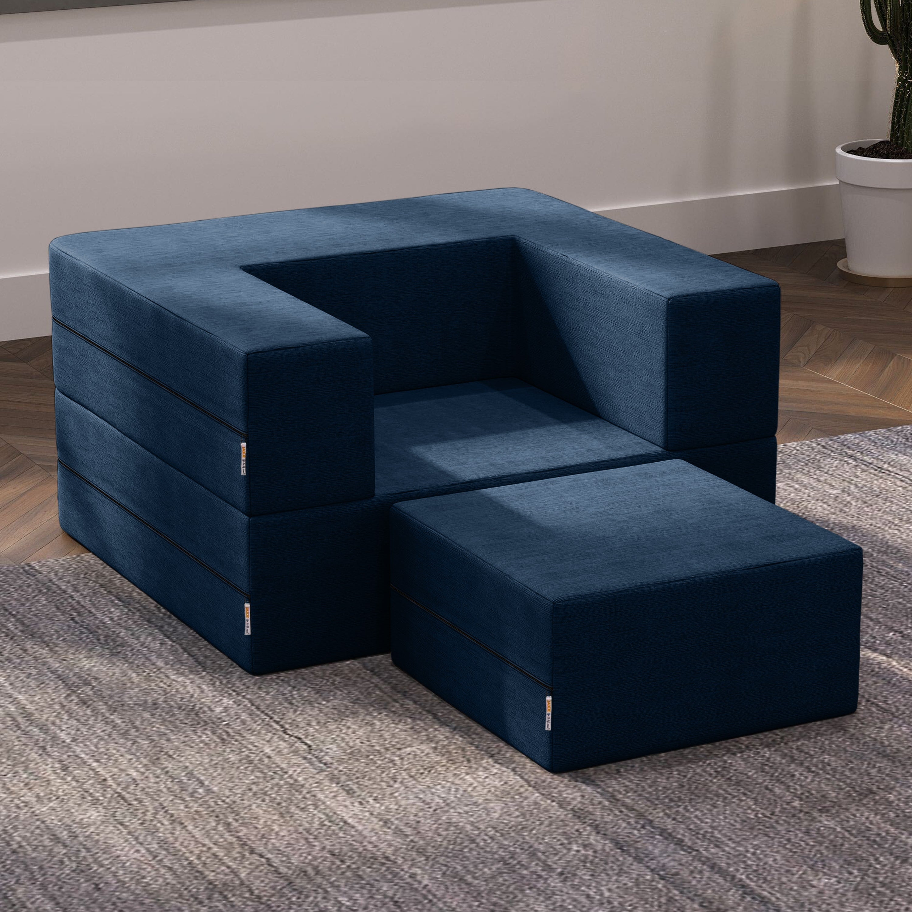 Jaxx Zipline Convertible Sleeper Futon Chair & Ottoman with Machine-Washable Cover, Indigo