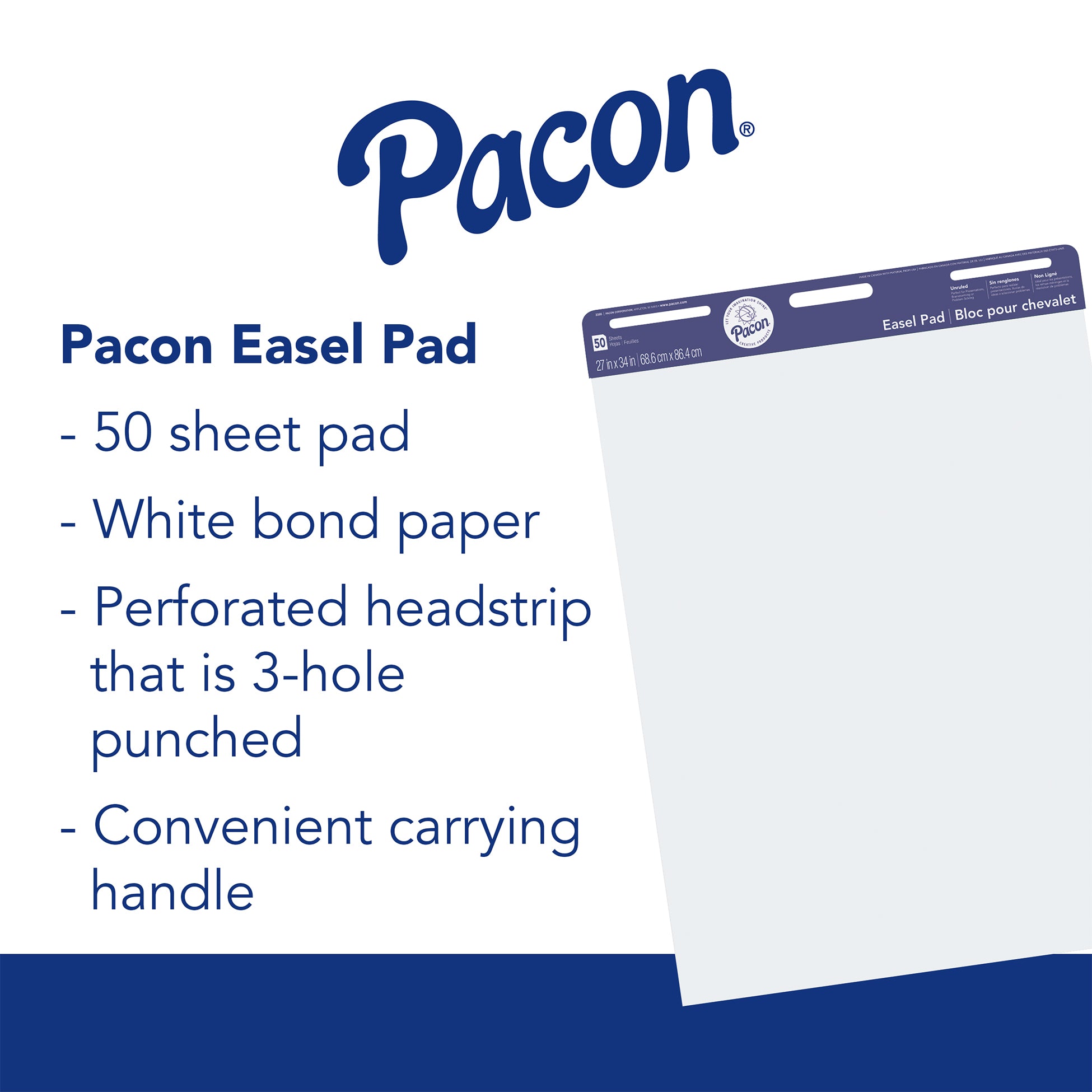 Easel Pad, Non-Adhesive, White, Unruled 27" x 34", 50 Sheets