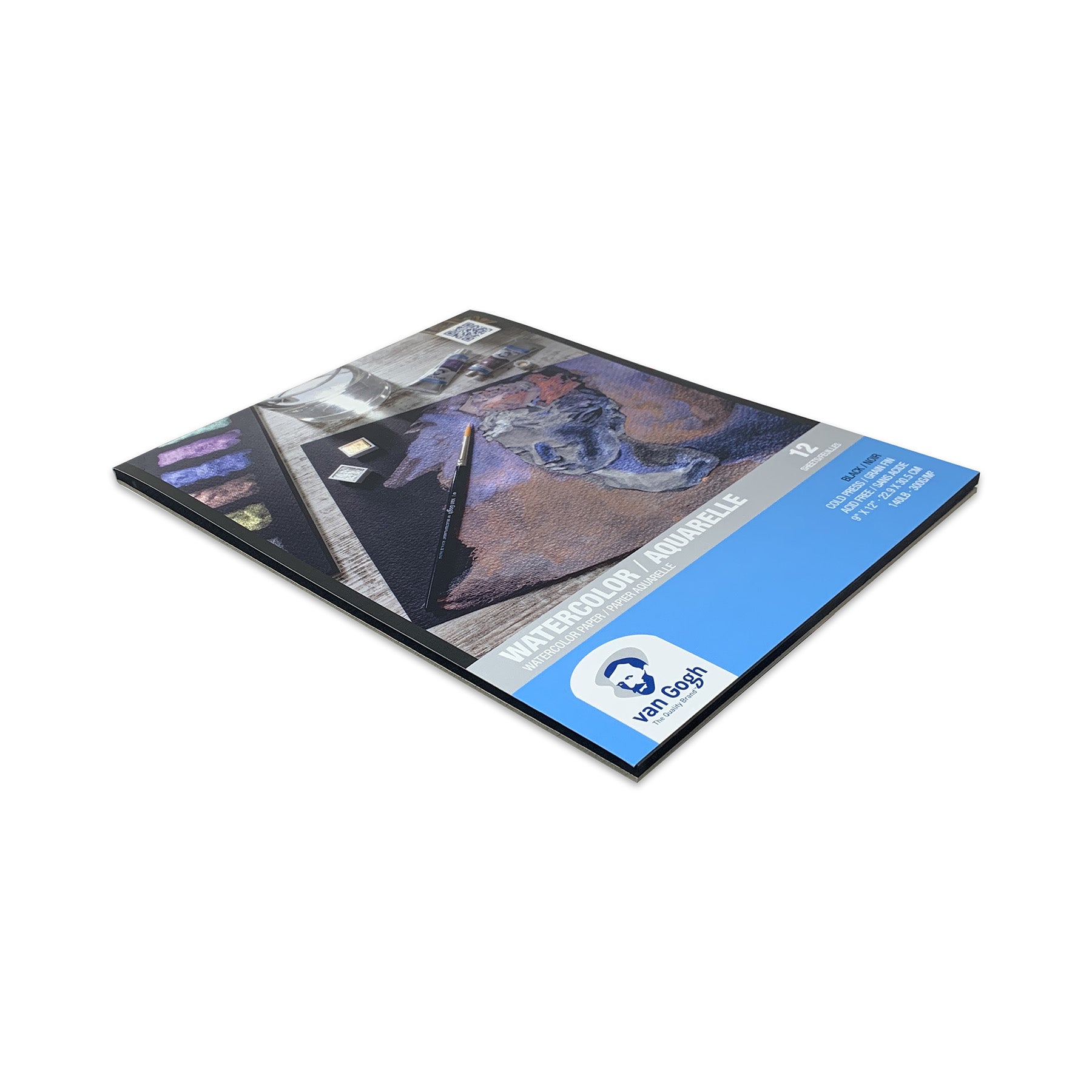 Watercolor Paper Pad, 140lbs, Black, Cold Press, 9" x 12", 12 Sheets
