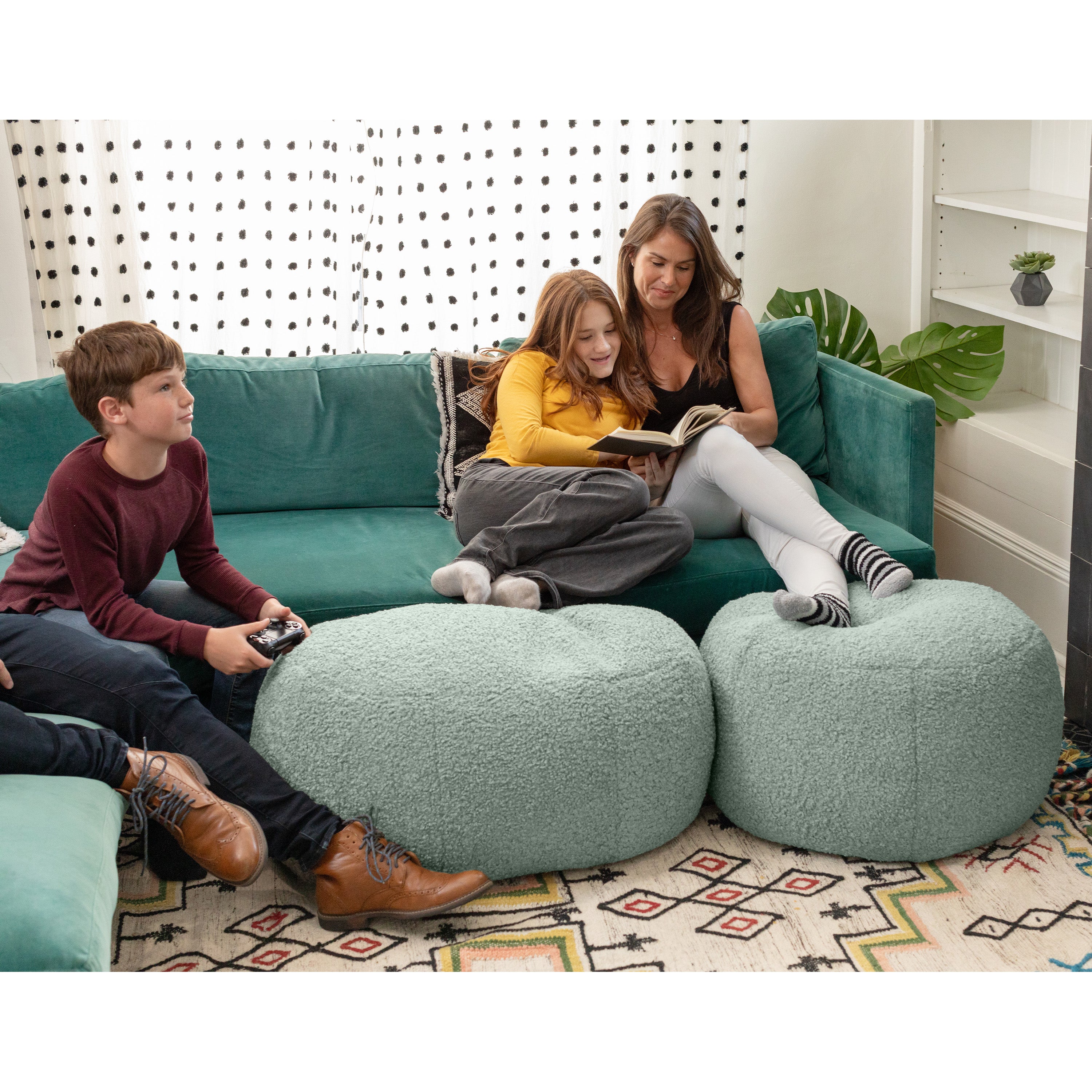 Jaxx Ellis Ottoman Shearling Faux-Lamb Plush Pouf for Modern Interior Design, Large, Mineral Green