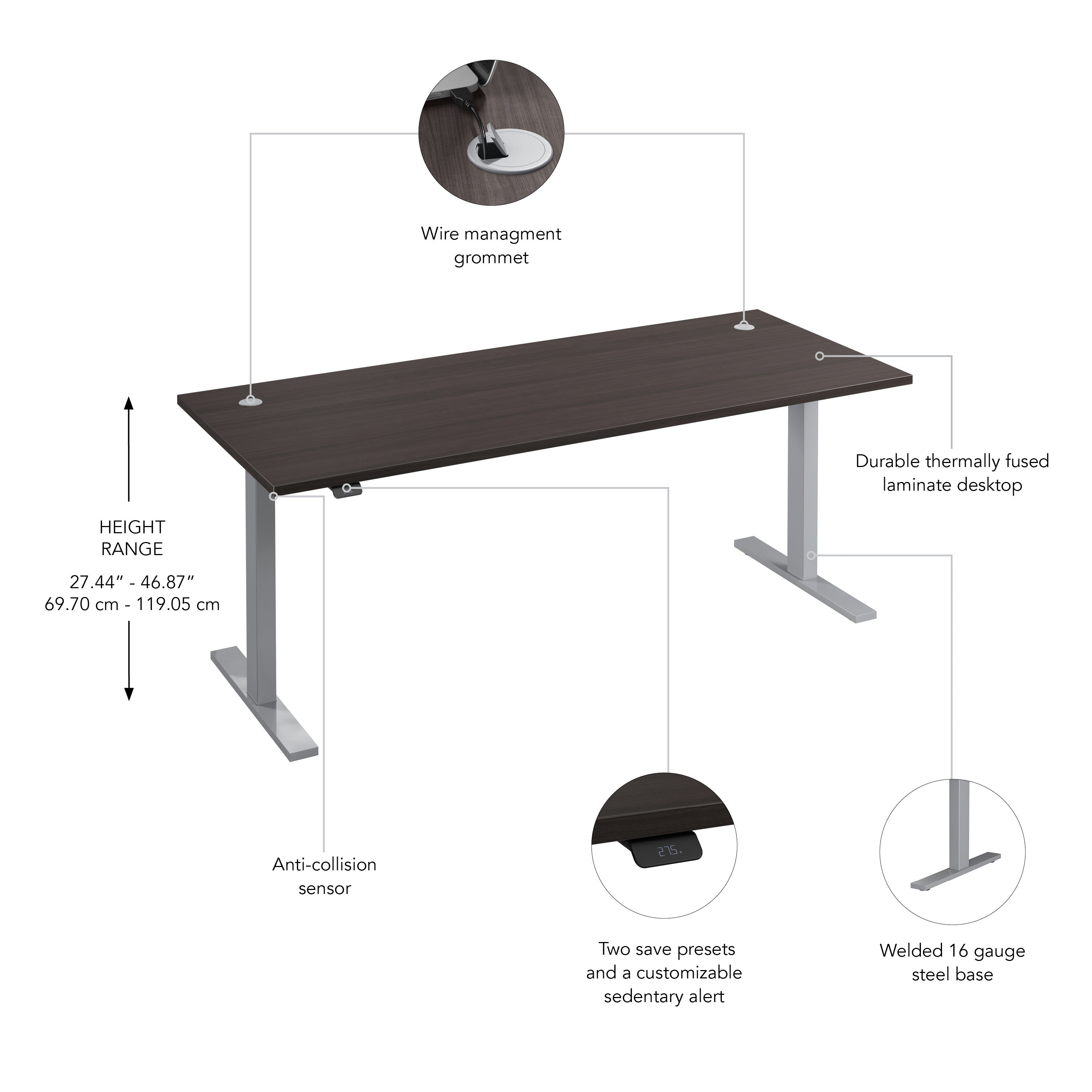Bush Business Furniture Move 60 Series 72W x 30D Electric Height Adjustable Standing Desk in Storm Gray with Metallic Gray Base - 71.02" Width x 29.37" Depth x 47.69" Height