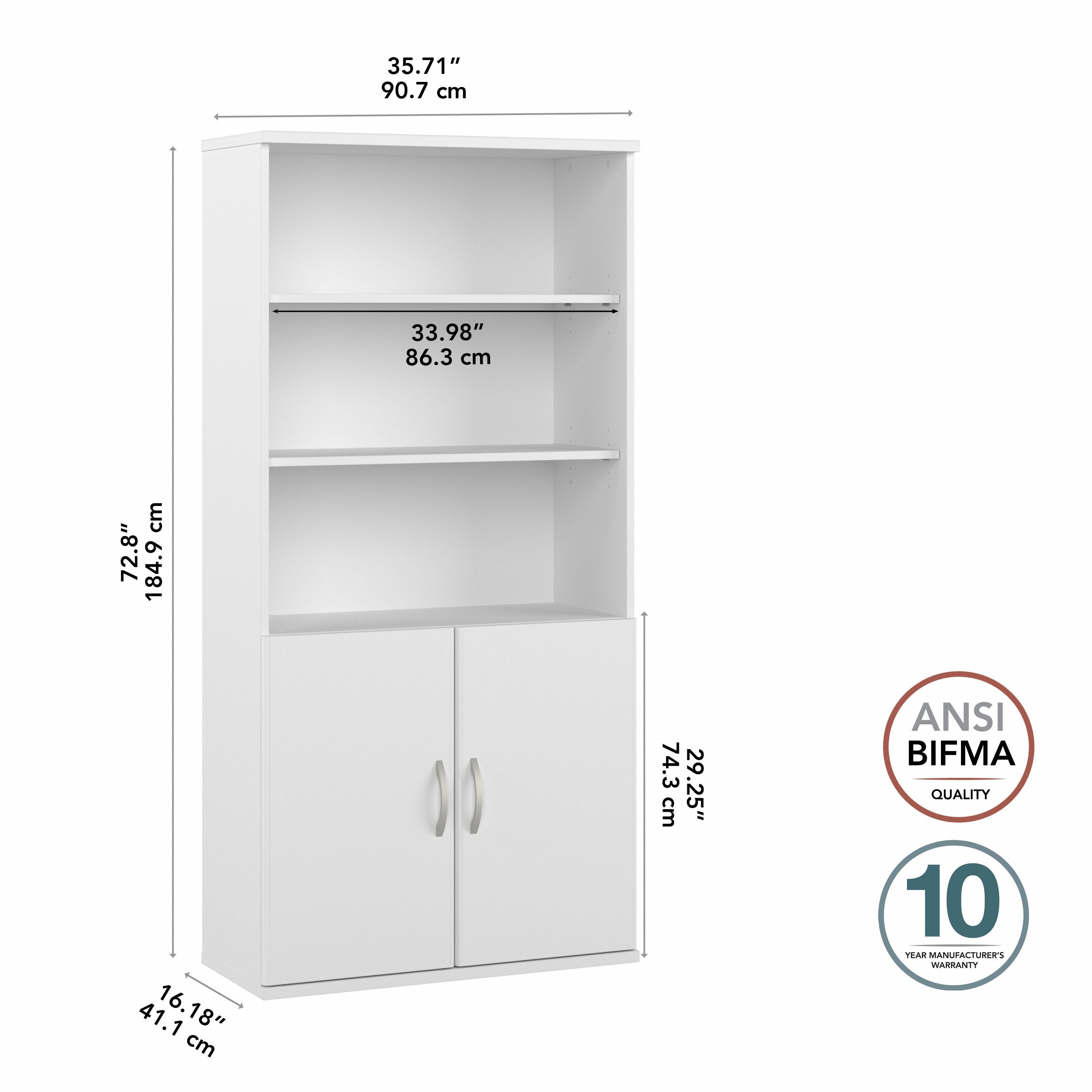 Bush Business Furniture Hybrid Tall 5 Shelf Bookcase with Doors in White - 35.71" Width x 15.43" Depth x 72.8" Height