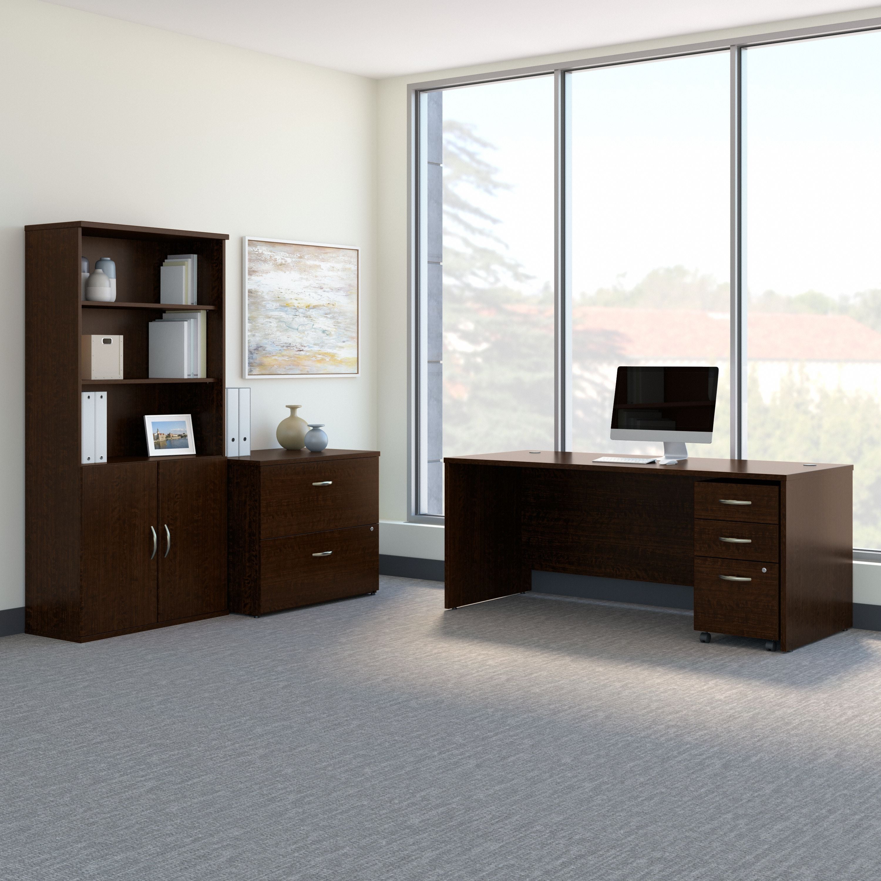Bush Business Furniture Series C 72W Office Desk with Bookcase and File Cabinets in Mocha Cherry - 71.1" Width x 29.37" Depth x 72.8" Height