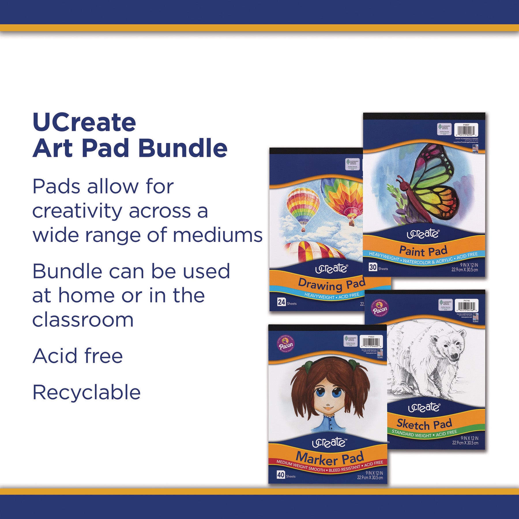 Art Pad Bundle, 9" x 12", Sketch, Drawing, Paint, Marker, Set of 4