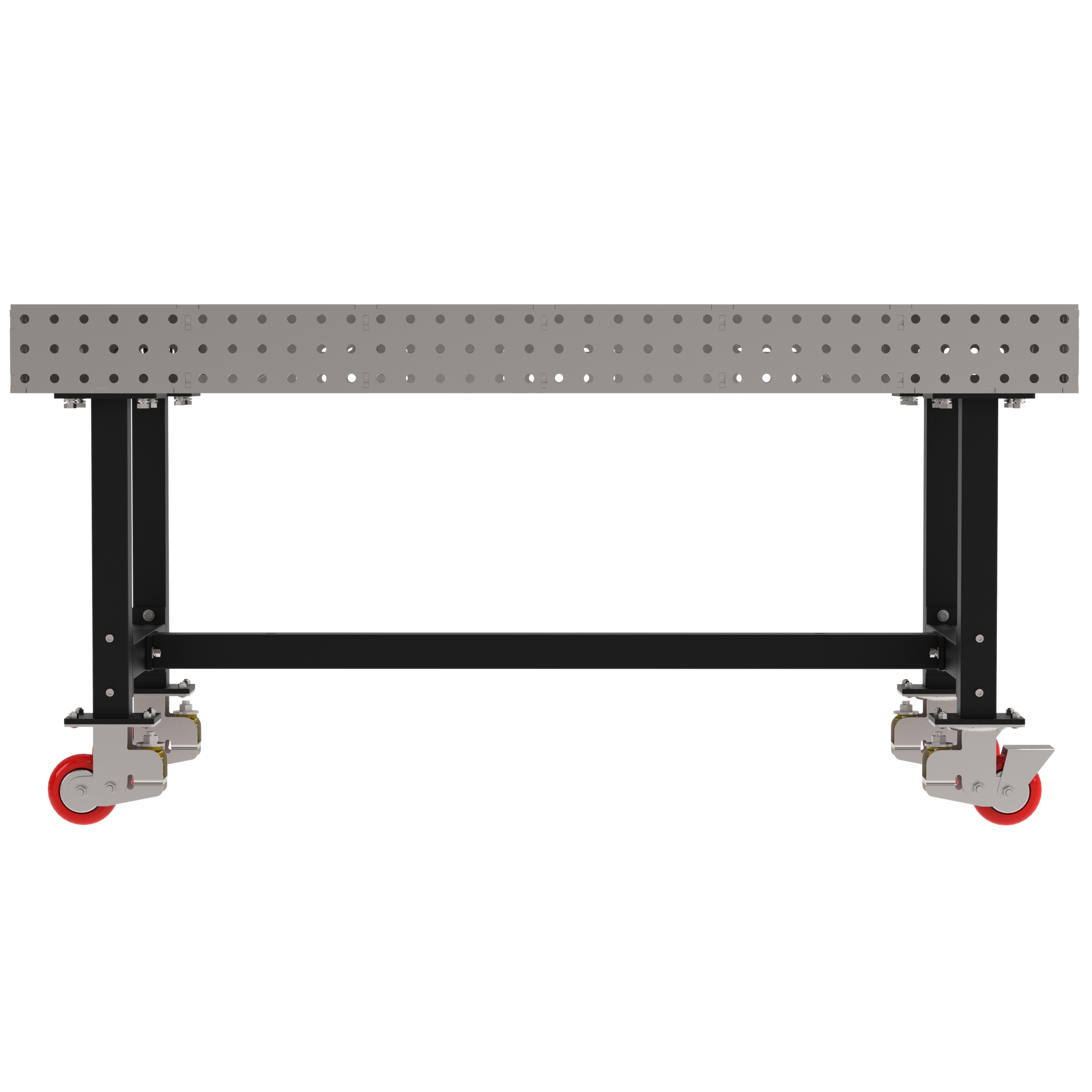 Welding Fixture Table, Fixed Height, 36"H x 72"L x 36"D, 1/4" Carbon Steel Top, Four Black Powdercoat Legs, 4 Heavy Duty Suspension Casters (2 Locking/Swiveling Casters and 2 Non-Locking/Non-SwivelingCasters)