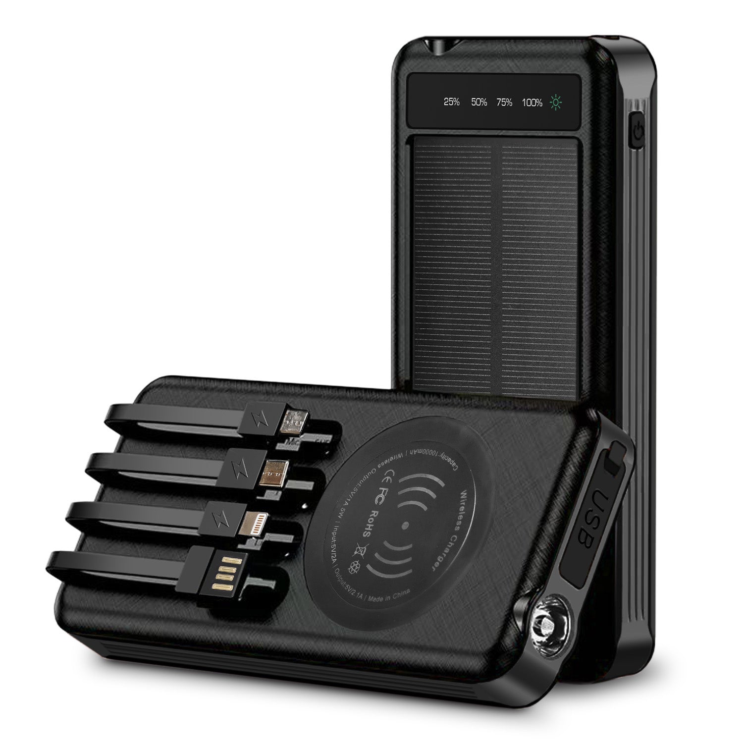 10000mAh Solar Power Bank with Wireless Charging and Built-in Cables, Black