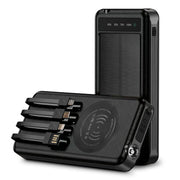 10000mAh Solar Power Bank with Wireless Charging and Built-in Cables, Black