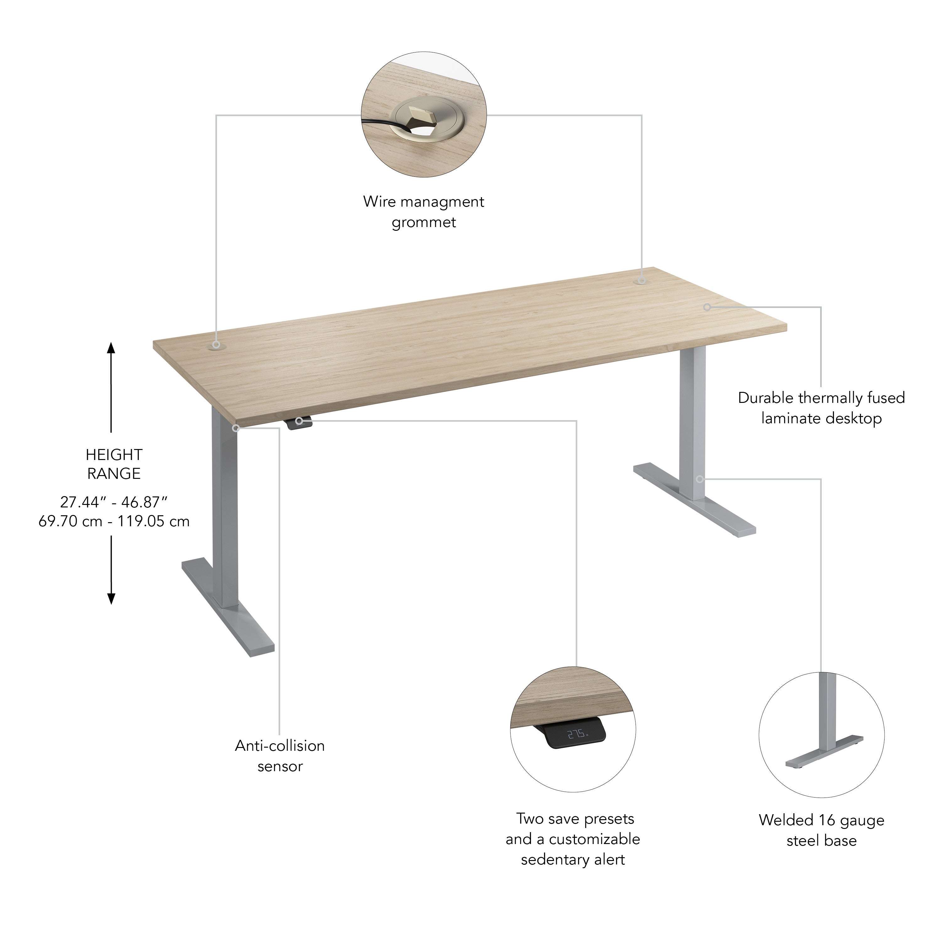 Bush Business Furniture Move 60 Series 72W x 30D Electric Height Adjustable Standing Desk in Natural Elm with Metallic Gray Base - 71.02" Width x 29.37" Depth x 47.69" Height
