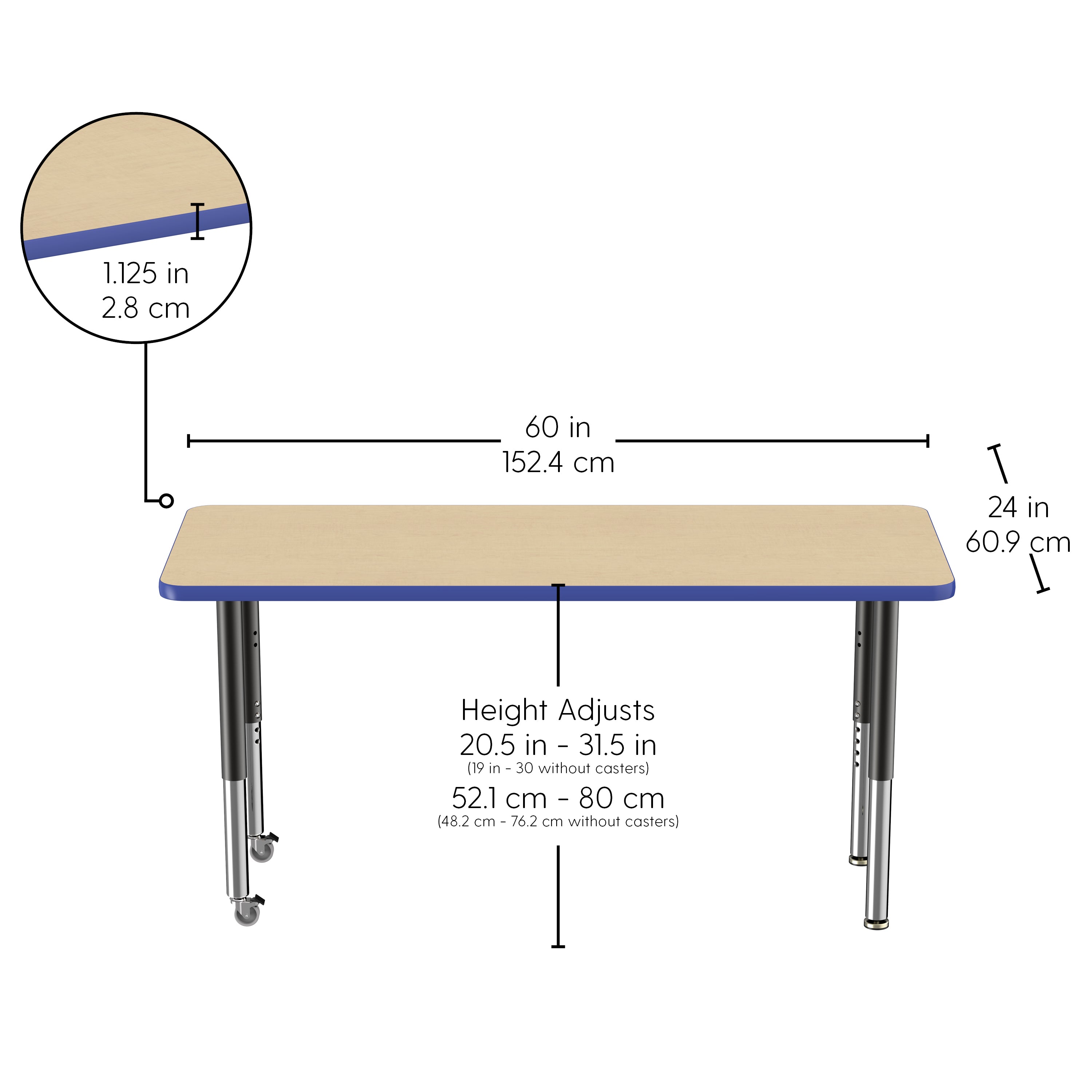 24" x 60" Rectangle T-Molding Activity Table with Adjustable Super Legs - Maple/Blue/Black