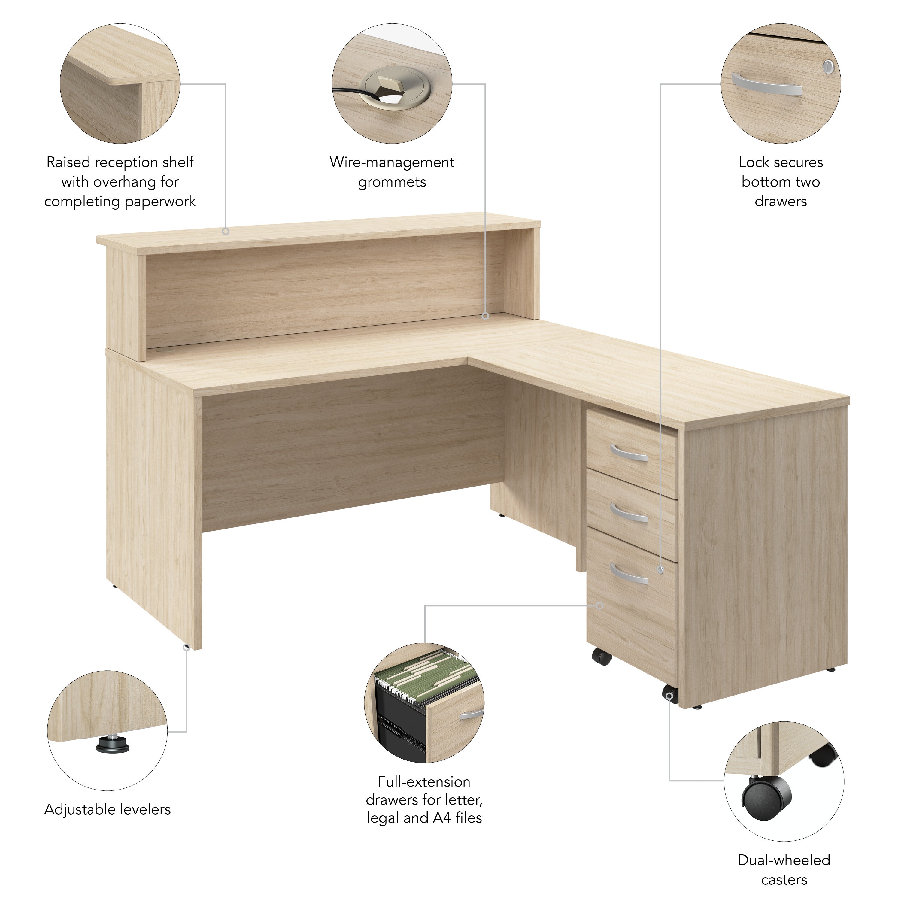 Bush Business Furniture Arrive 60W x 72D L Shaped Reception Desk with Shelf and Mobile File Cabinet in Natural Elm - 59.45" Width x 71.02" Depth x 43.71" Height
