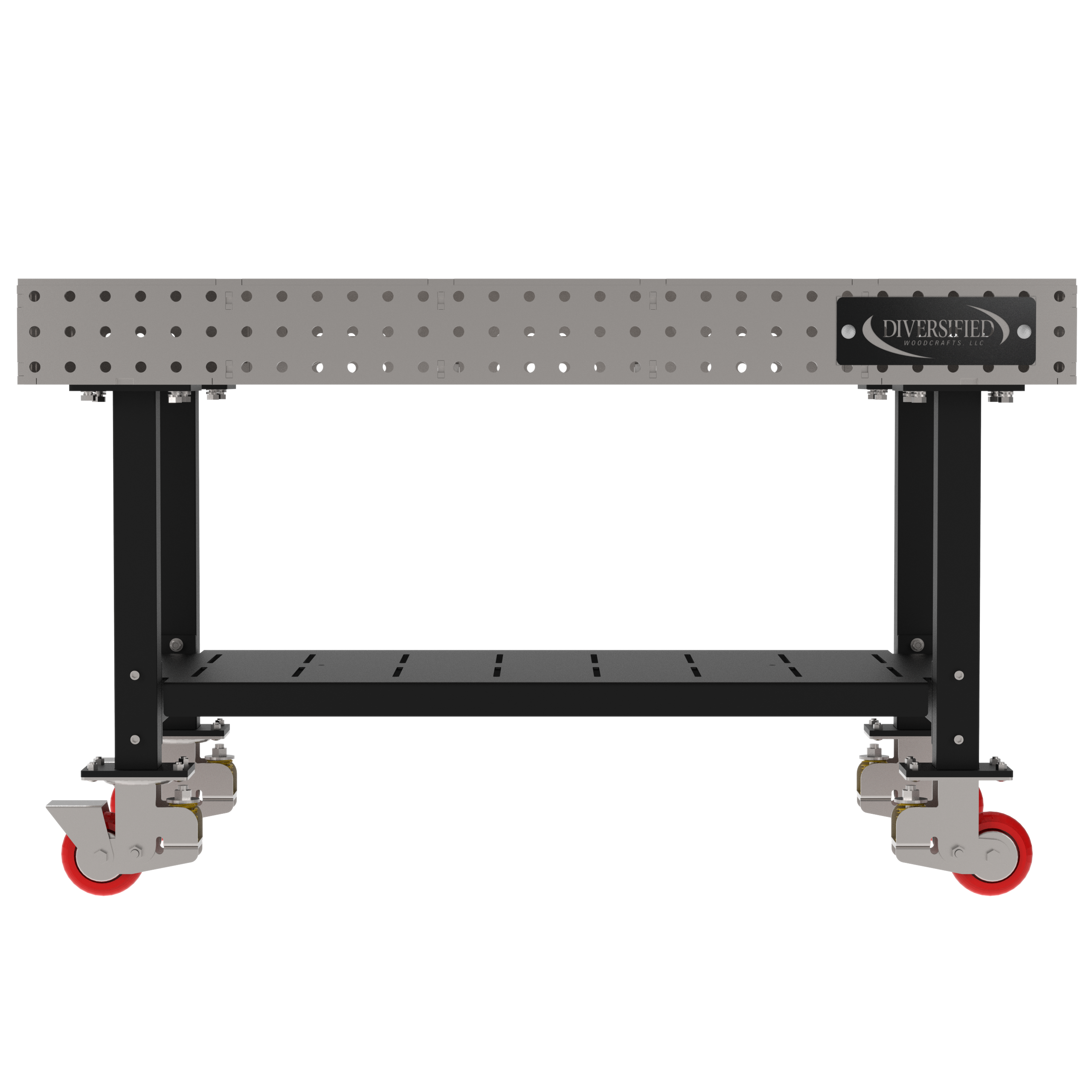 Welding Fixture Table, Fixed Height, 36"H x 60"L x 36"D, 1/4" Carbon Steel Top, Four Black Powdercoat Legs, Shelf, 4 Heavy Duty Suspension Casters (2 Locking/Swiveling Casters and 2 Non-Locking/Non-SwivelingCasters)