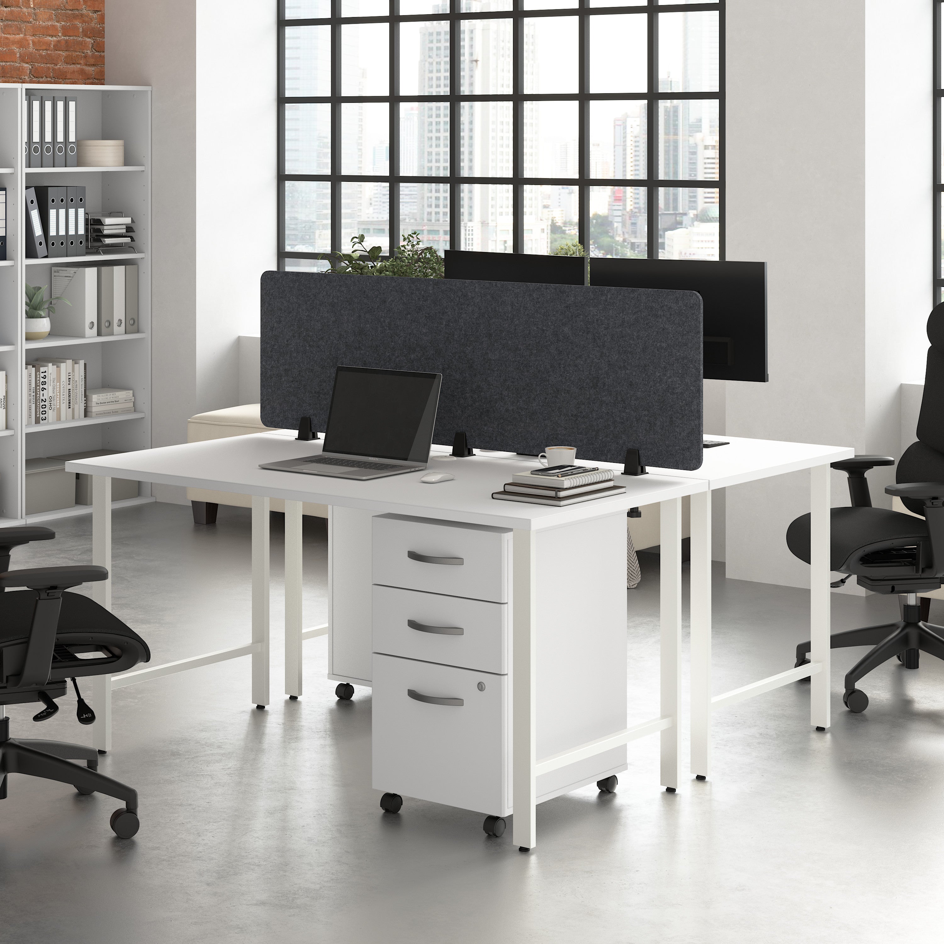 Bush Business Furniture Hustle 2 Person Computer Desk with Mobile File Cabinets, Power Grommets, and Privacy Screen in White - 59.44" Width x 29.37" Depth x 30.07" Height