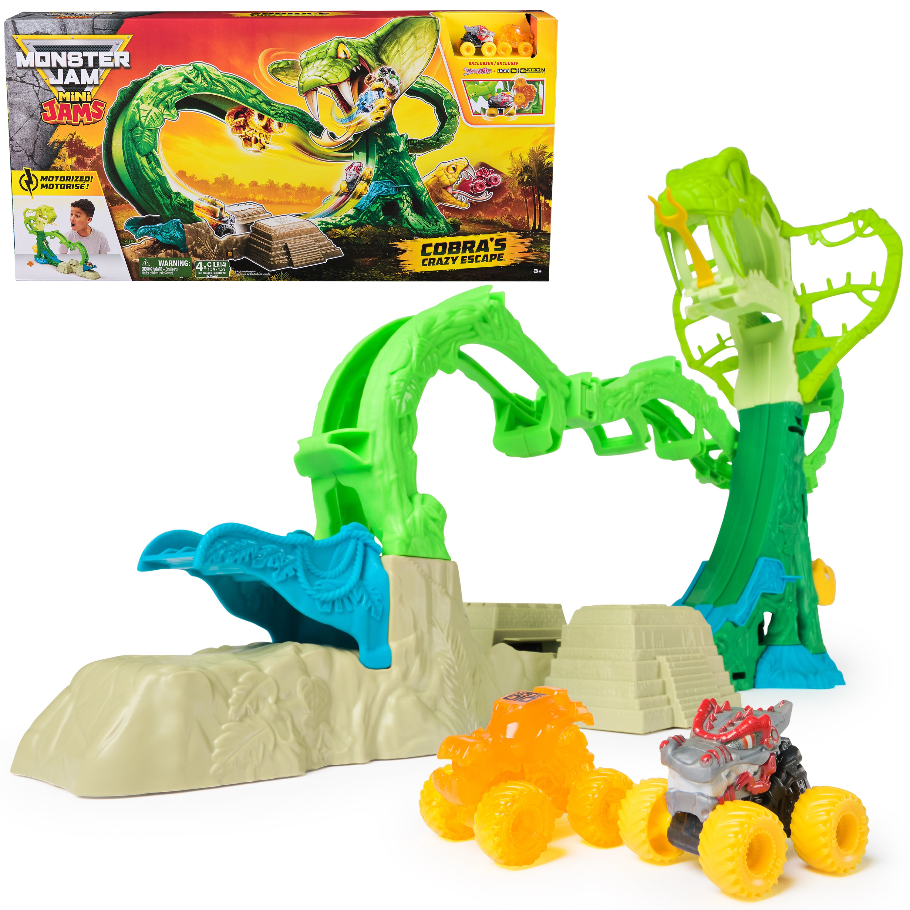 Monster Jam Mini Jams, Cobra’s Crazy Escape 28” Motorized Playset, 2 Exclusive Die-Cast ThunderROARus and JCB Digatron Monster Trucks, Kids Toys for Boy and Girls Ages 3 and up