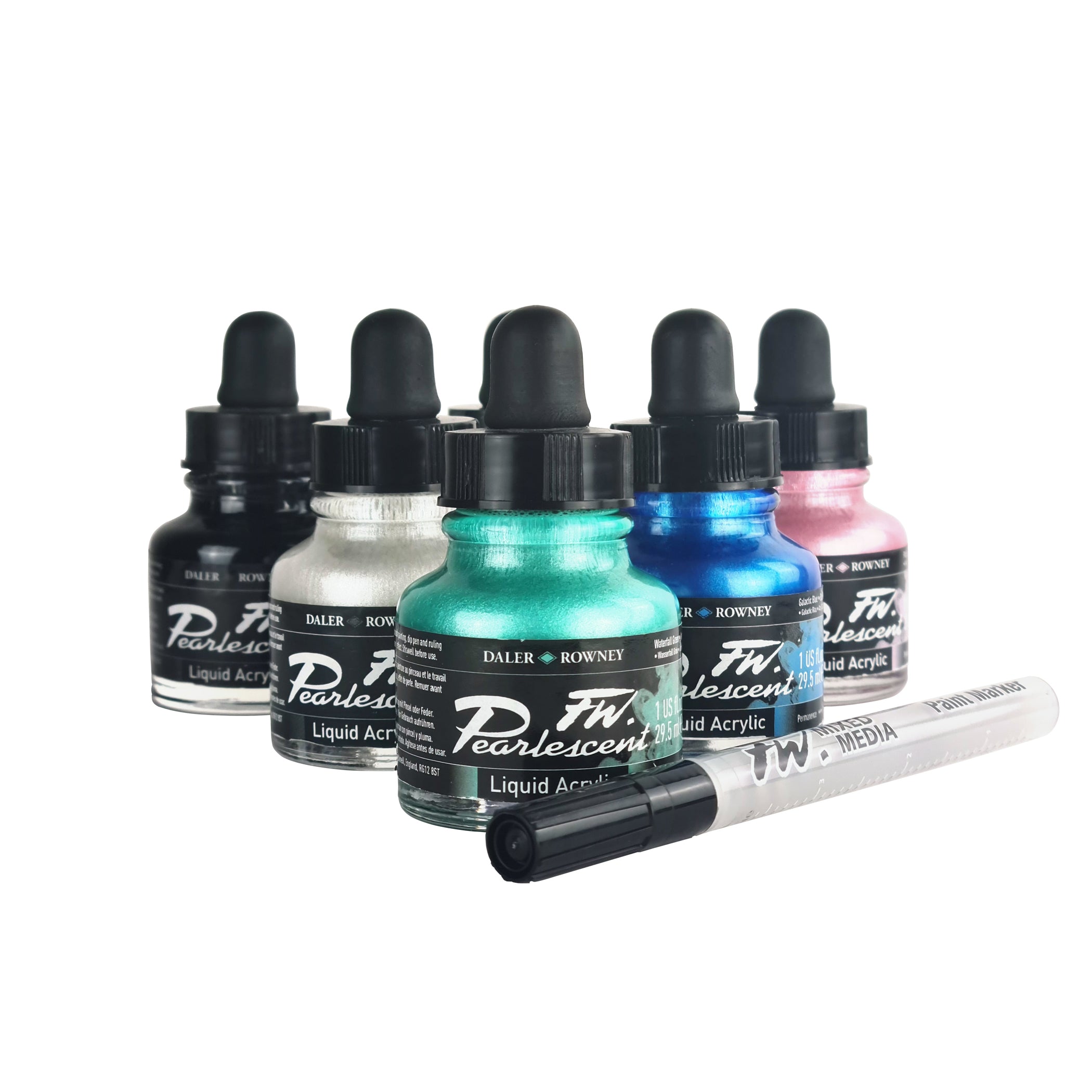 FW Acrylic Ink Pearlescent Set with Empty Marker, Assorted Colors, 29.5ml, 6 Pieces