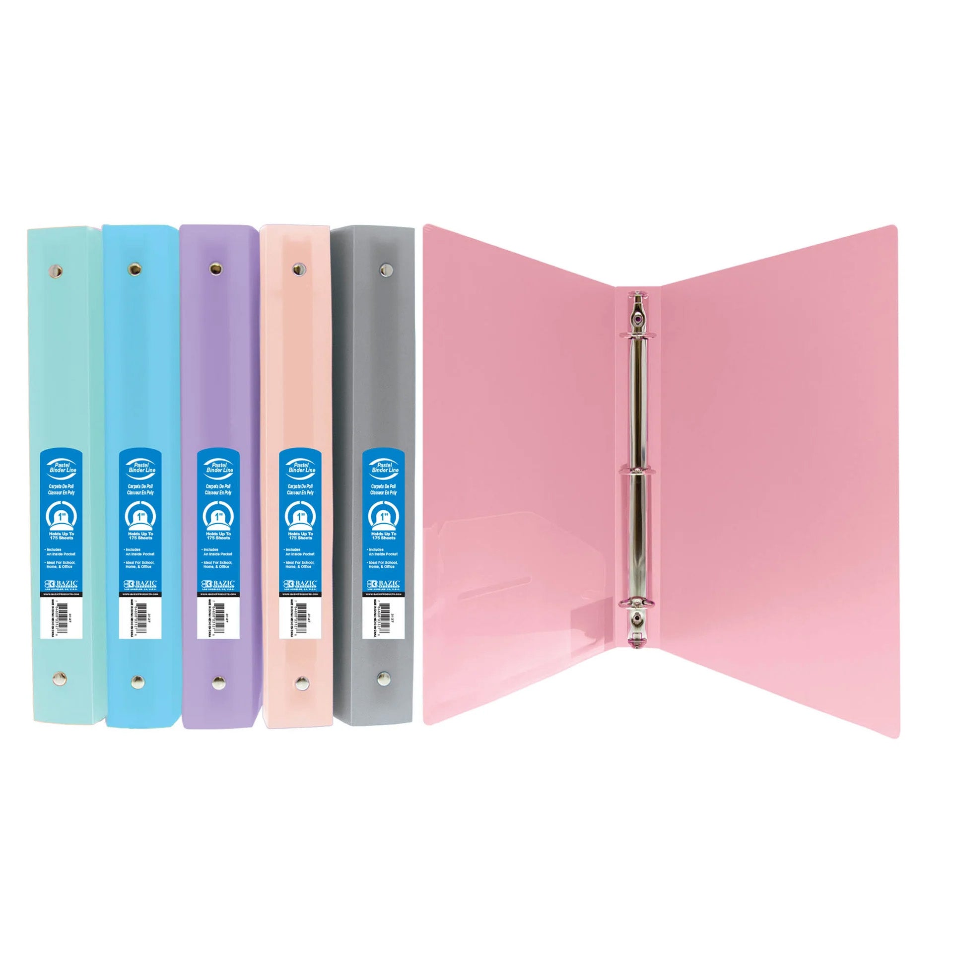 1" Poly 3-Ring Binder with Pocket, Assorted Pastel Colors, 1 Count