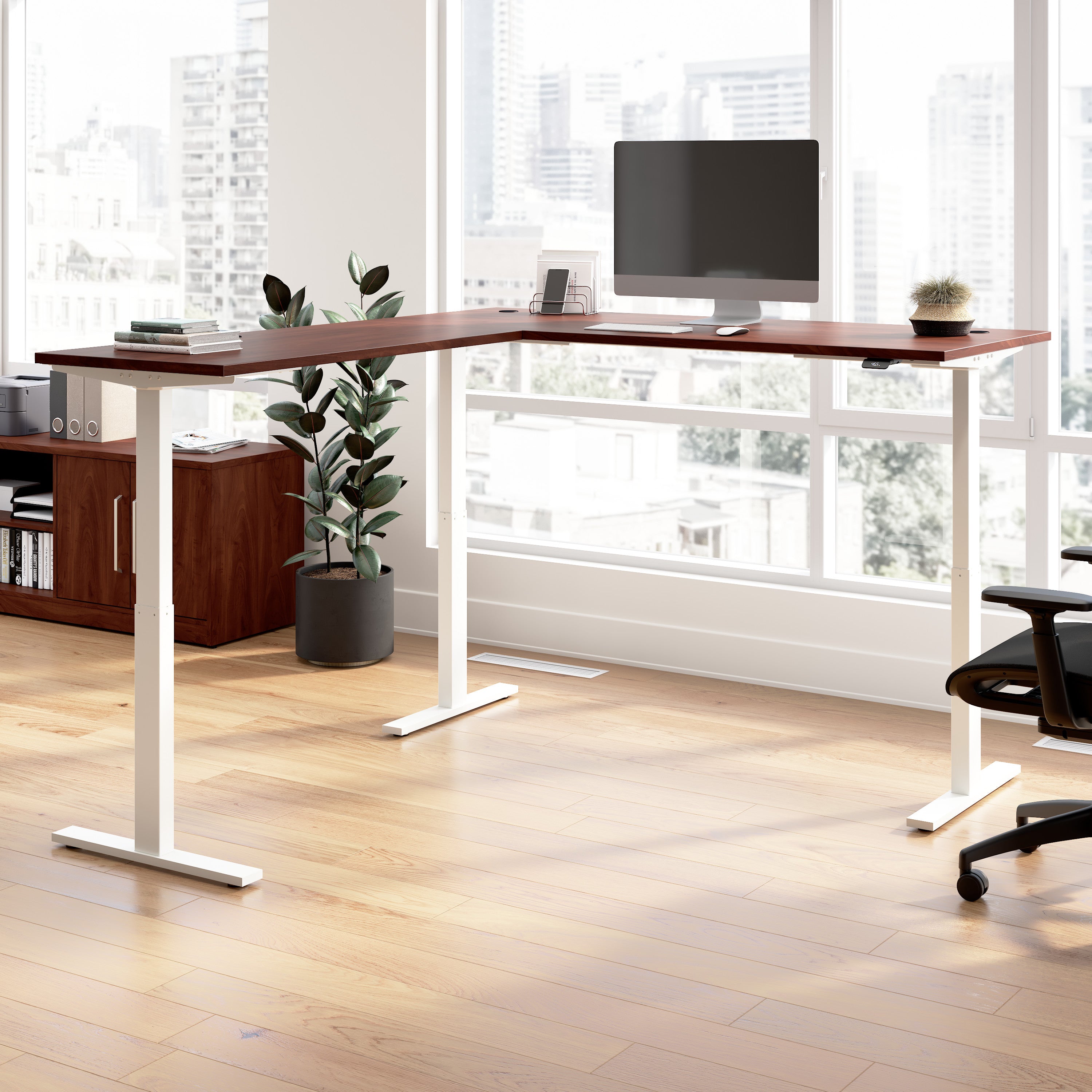 Bush Business Furniture Move 60 Series 72W Height Adjustable L Shaped Standing Desk in Hansen Cherry with White Base - 71.02" Width x 76.97" Depth x 27.44" Height