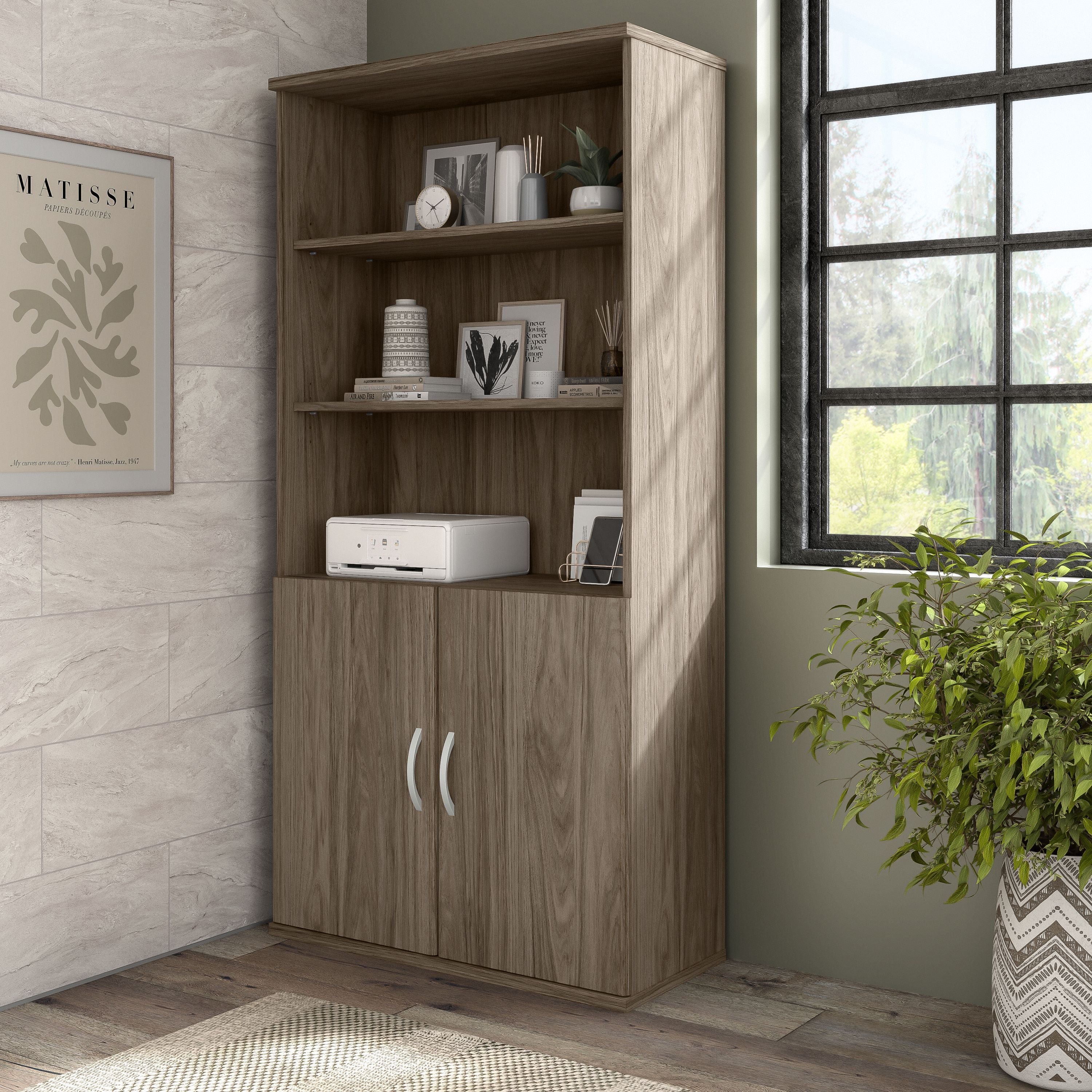 Bush Business Furniture Hybrid Tall 5 Shelf Bookcase with Doors in Modern Hickory - 35.71" Width x 15.43" Depth x 72.8" Height