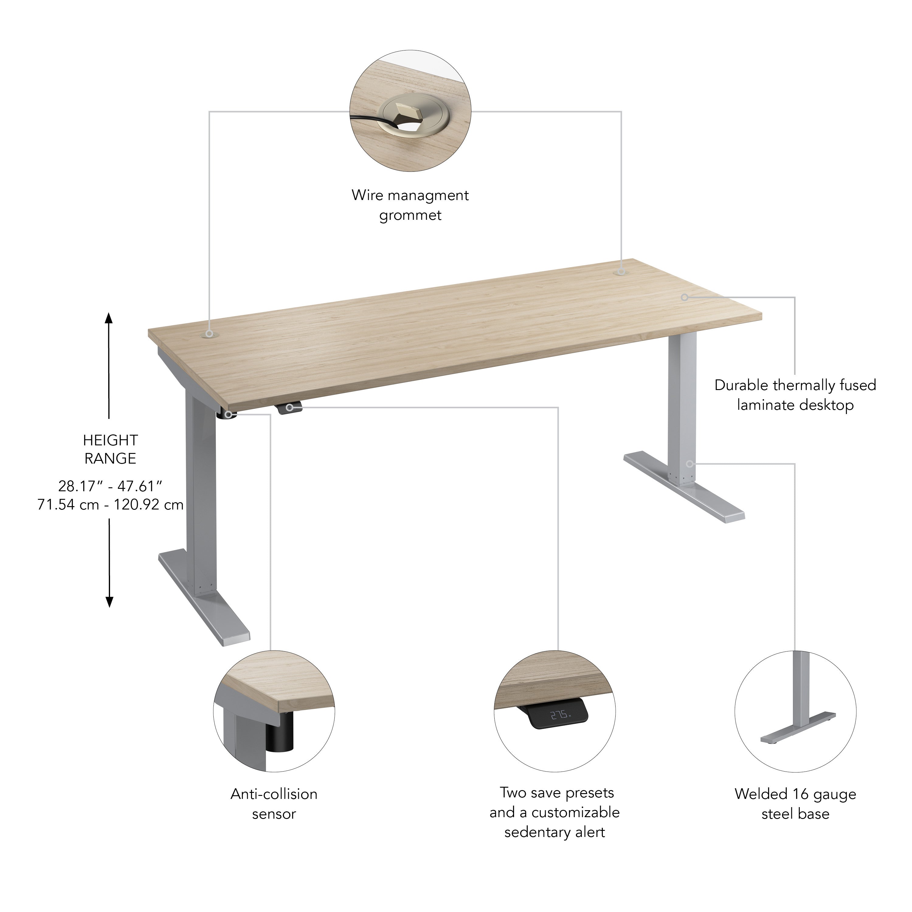 Bush Business Furniture Move 40 Series 72W x 30D Electric Height Adjustable Standing Desk in Natural Elm with Metallic Gray Base - 71.02" Width x 29.37" Depth x 28.17" Height