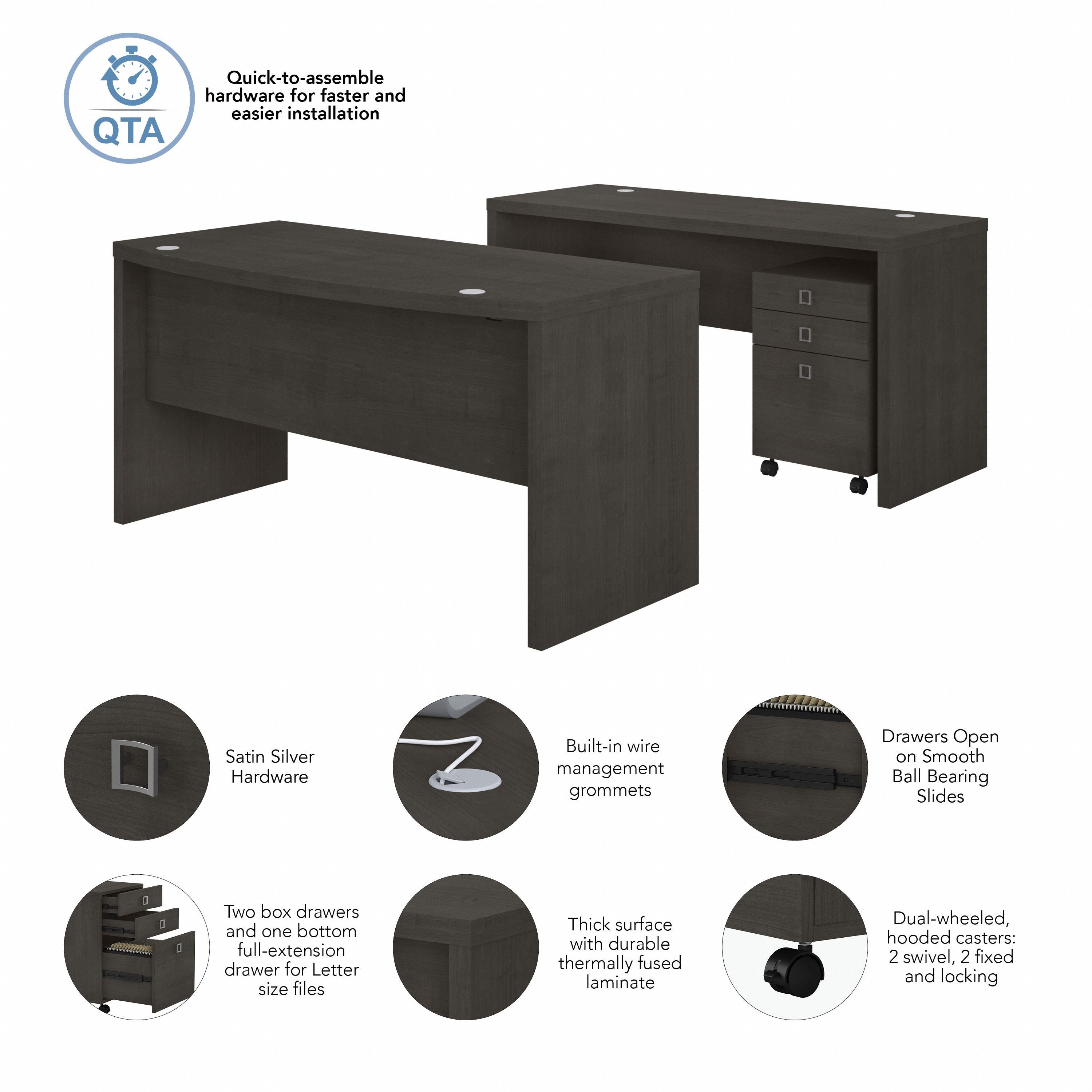 Bush Business Furniture Echo Bow Front Desk and Credenza with Mobile File Cabinet in Charcoal Maple - 60" Width x 87.26" Depth x 30" Height