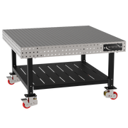 Welding Fixture Table, Fixed Height, 36"H x 60"L x 60"D, 1/4" Carbon Steel Top, Four Black Powdercoat Legs, Shelf, 4 Heavy Duty Suspension Casters (2 Locking/Swiveling Casters and 2 Non-Locking/Non-SwivelingCasters)