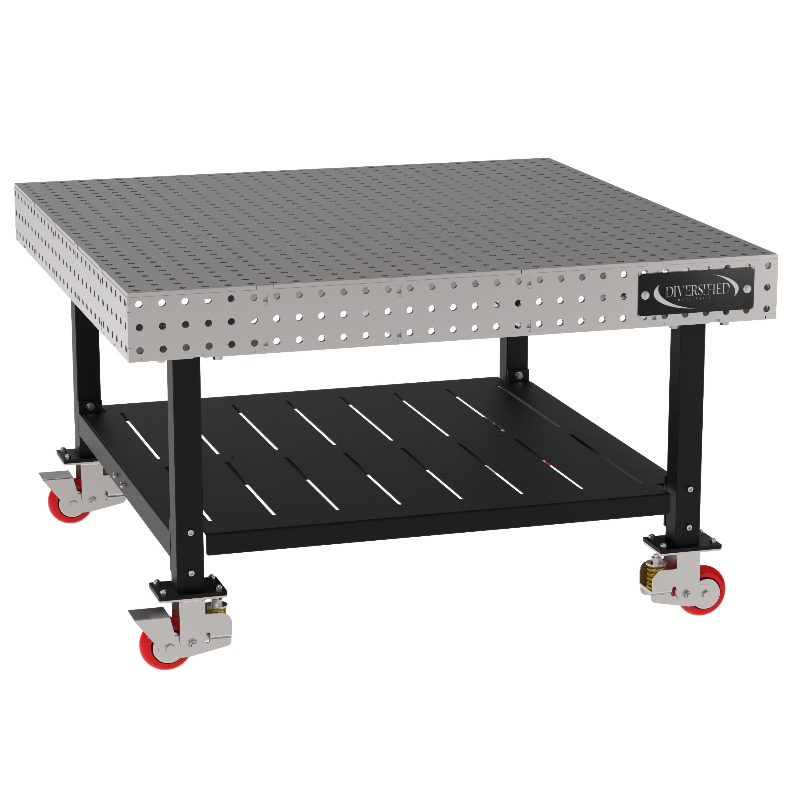Welding Fixture Table, Fixed Height, 36"H x 60"L x 60"D, 1/4" Carbon Steel Top, Four Black Powdercoat Legs, Shelf, 4 Heavy Duty Suspension Casters (2 Locking/Swiveling Casters and 2 Non-Locking/Non-SwivelingCasters)