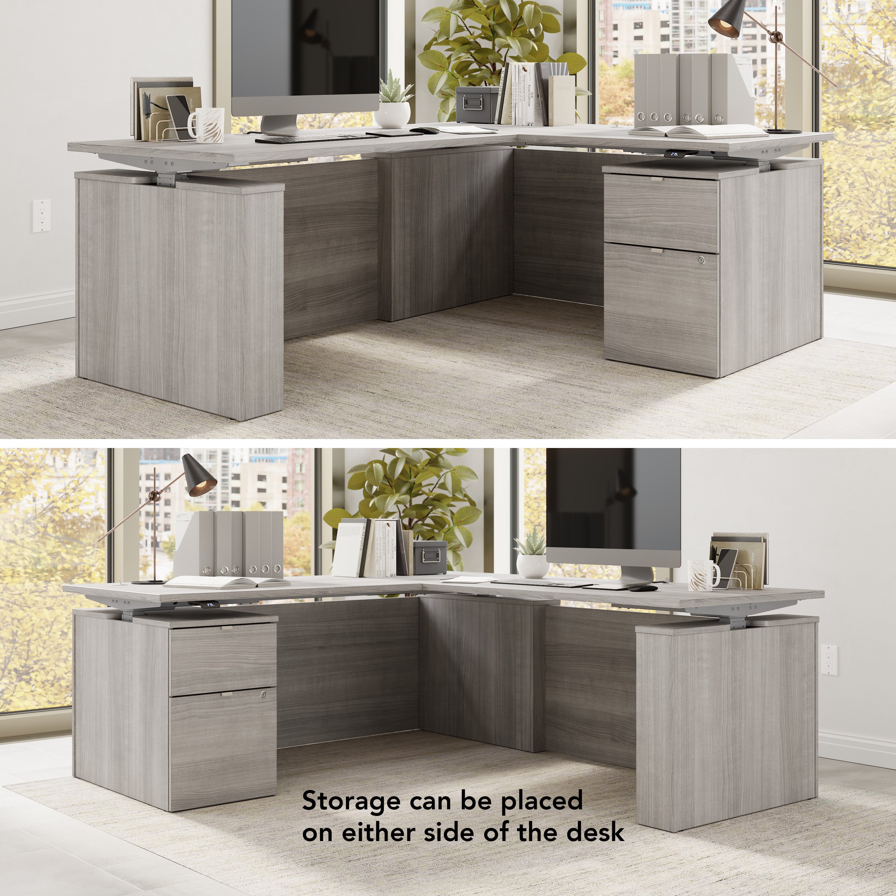 Bush Business Furniture Stratus&nbsp;72W x&nbsp;78D Height Adjustable L Shaped Standing Desk with File Cabinet in Platinum Gray with Metallic Gray Base - 71.02" Width x 76.97" Depth x 27.44" Height