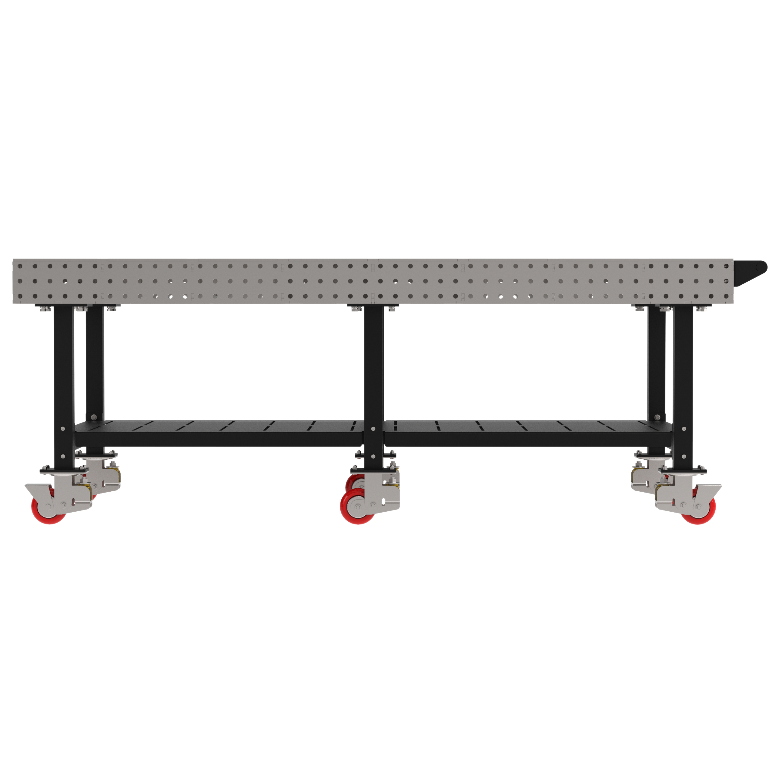 Welding Fixture Table, Fixed Height, 36"H x 96"L x 48"D, 1/4" Carbon Steel Top, Six Black Powdercoat Legs, Shelf, Handle, 6 Heavy Duty Suspension Casters (4 Locking/Swiveling Casters and 2 Non-Locking/Non-SwivelingCasters)