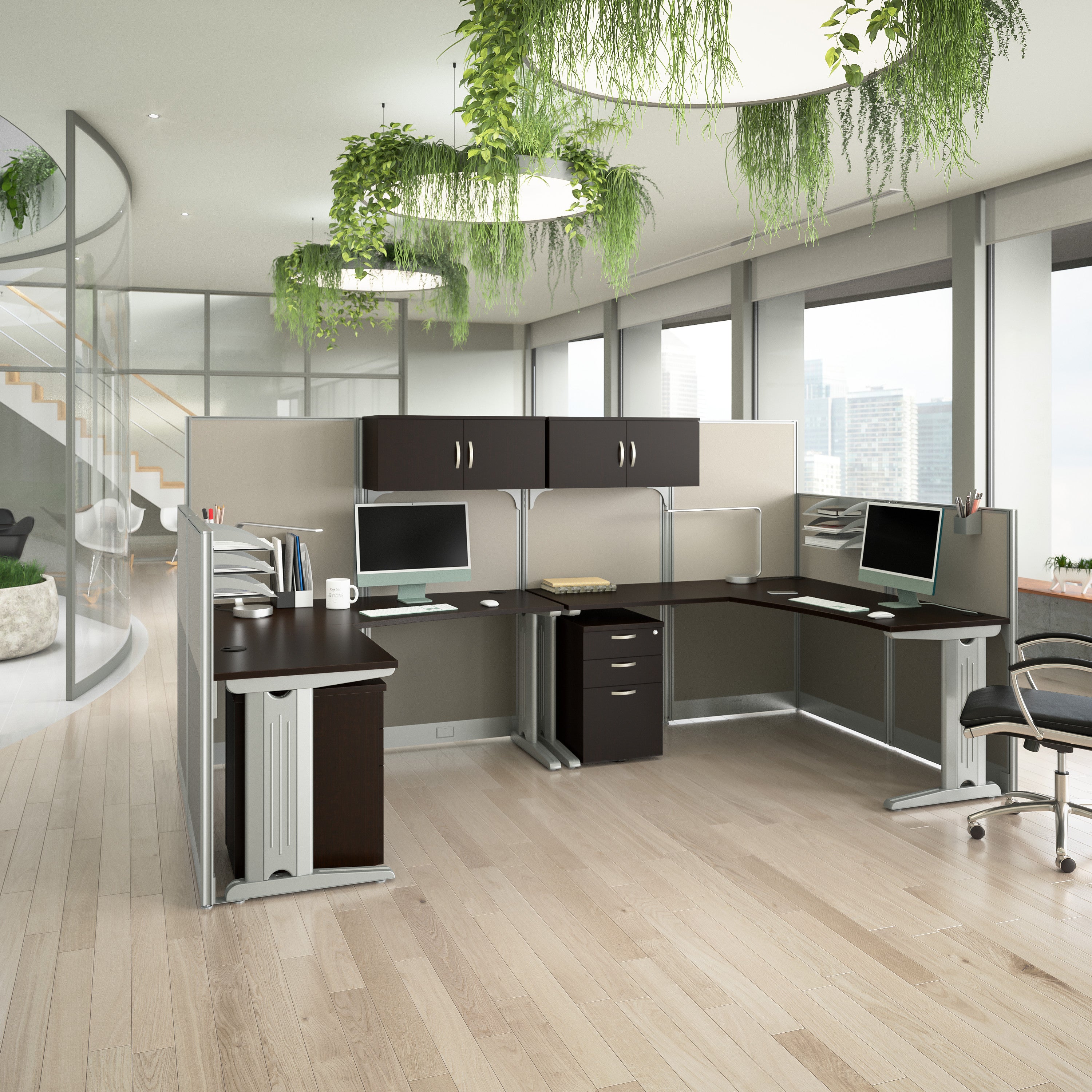 Bush Business Furniture Office in an Hour 2 Person L Shaped Cubicle Desks with Storage, Drawers, and Organizers in Mocha Cherry - 128.98" Width x 64.49" Depth x 62.87" Height
