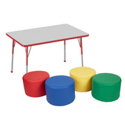 30" x 48" Rectangle T-Molding Activity Table with Standard Ball Legs and Round Ottomans 12" Height, 5-Piece Set - Gray/Red/Assorted
