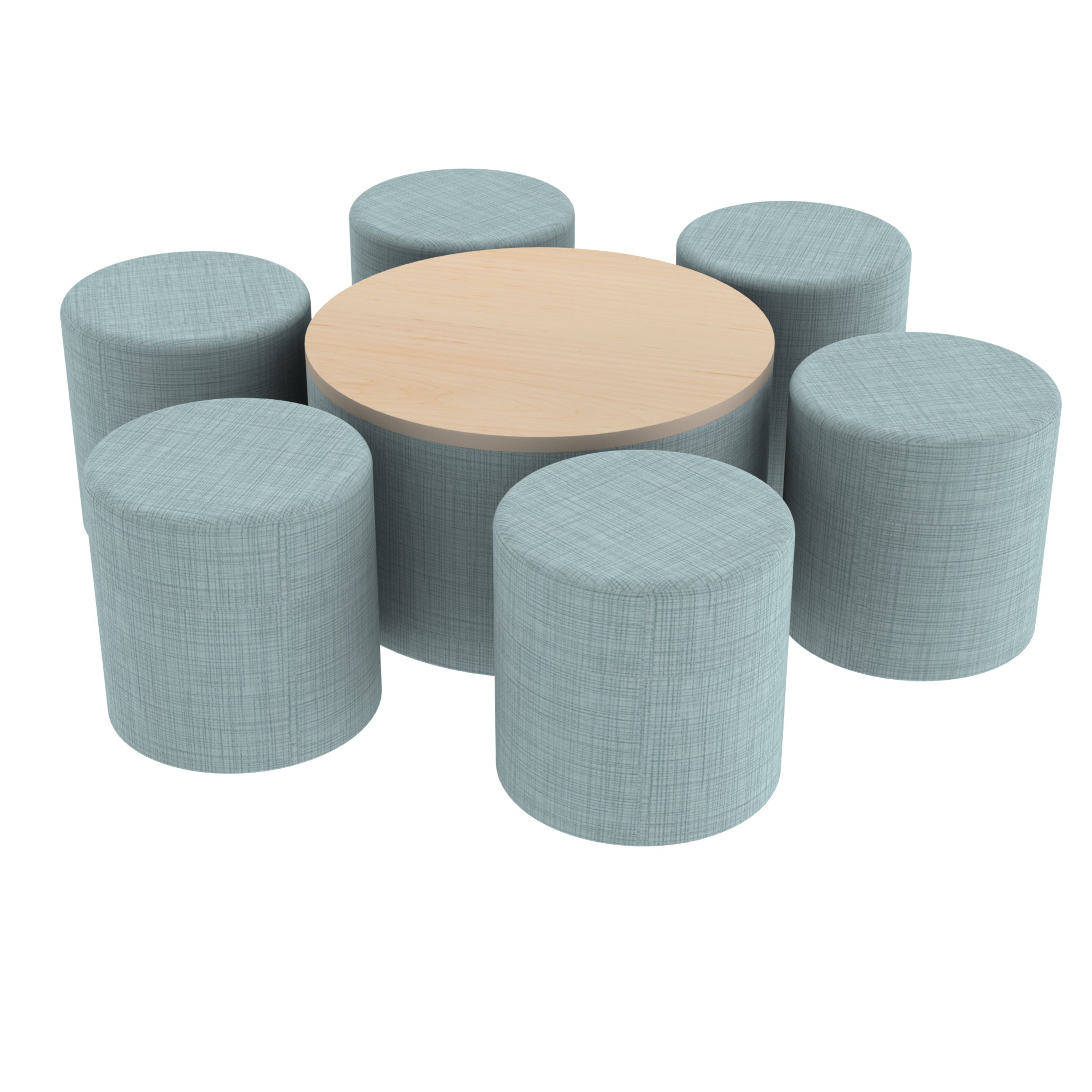 Pro Series 30" Round Ottoman Table with Round 18" H Seating, 7-Piece Set - Sky Blue Crosshatch/Maple