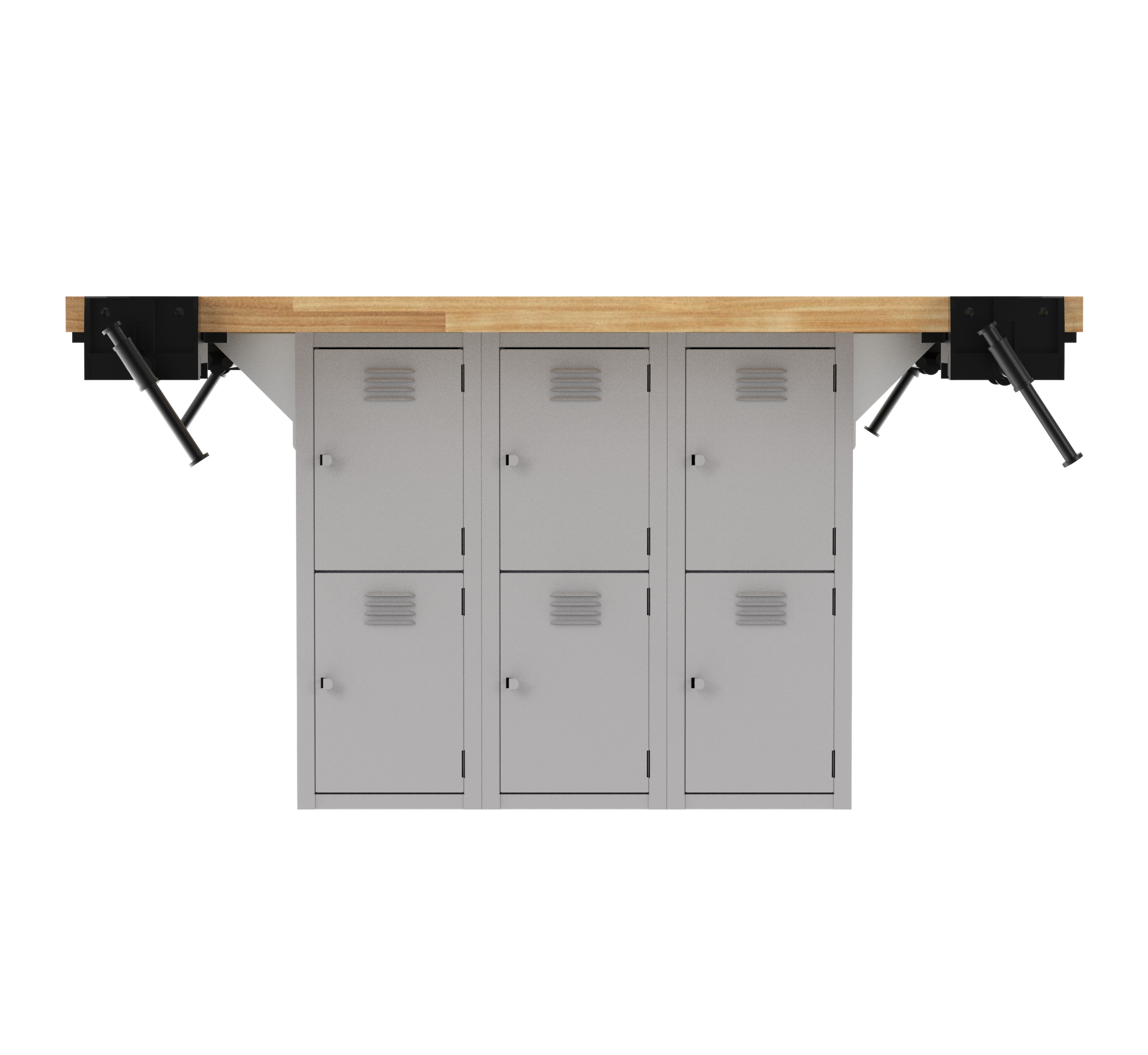 Forum Industrial Arts Four-Station Workbench with Steel Lockers W/4 Vises