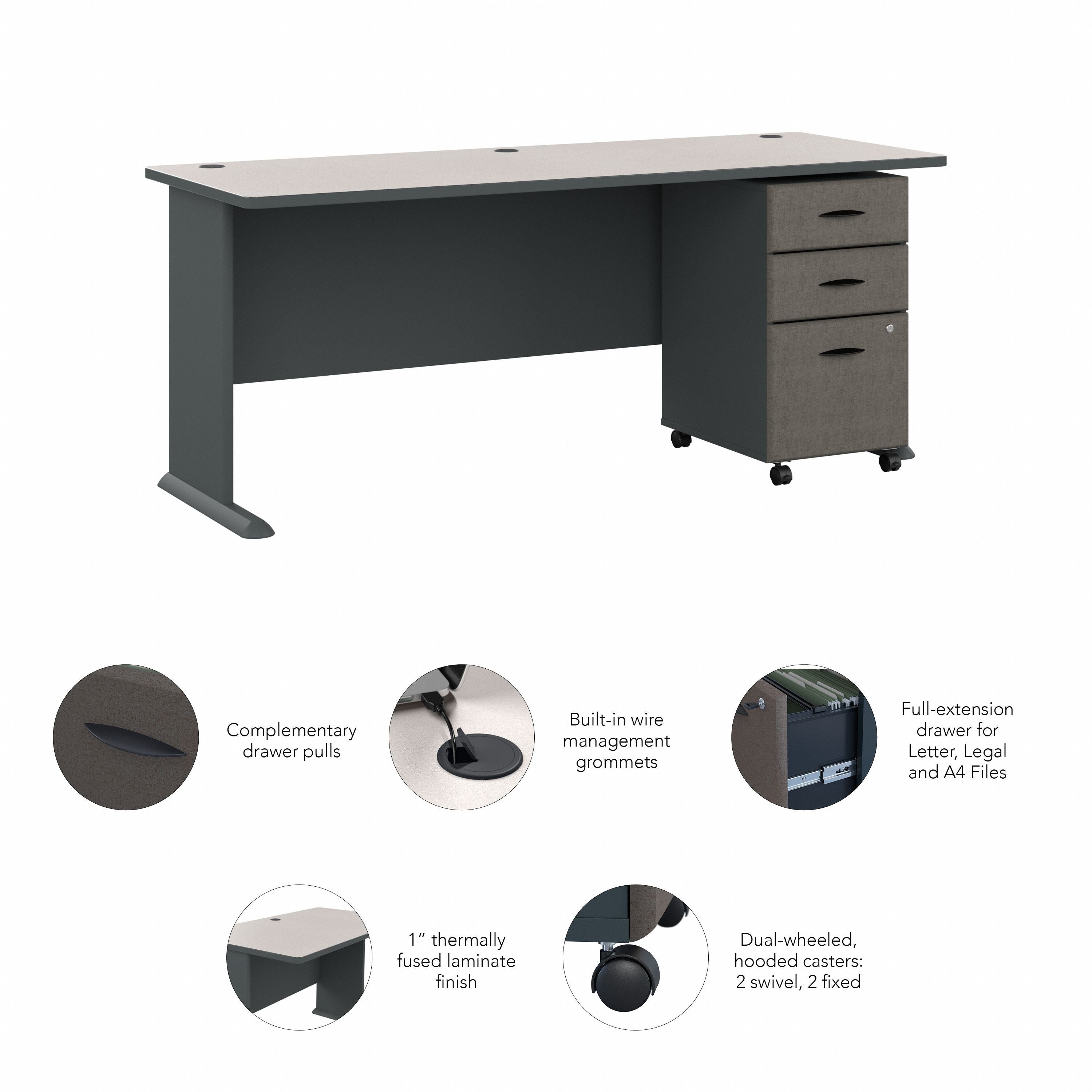 Bush Business Furniture Series A 72W Desk with Mobile File Cabinet in Slate and White Spectrum - 71.54" Width x 26.81" Depth x 29.66" Height