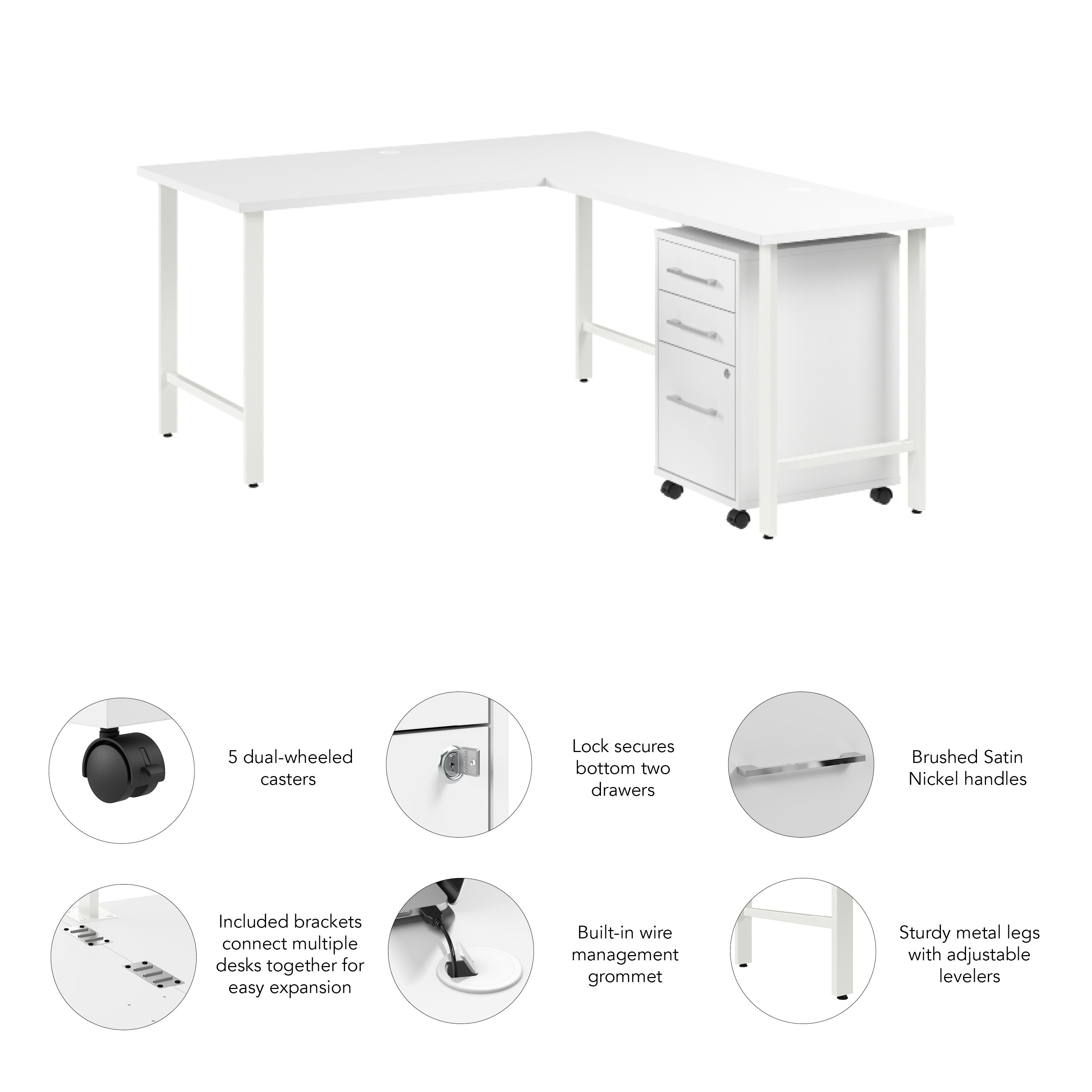 Bush Business Furniture Hustle 60W x 30D L Shaped Computer Desk with 3 Drawer Mobile File Cabinet in White - 59.44" Width x 71.33" Depth x 30.07" Height