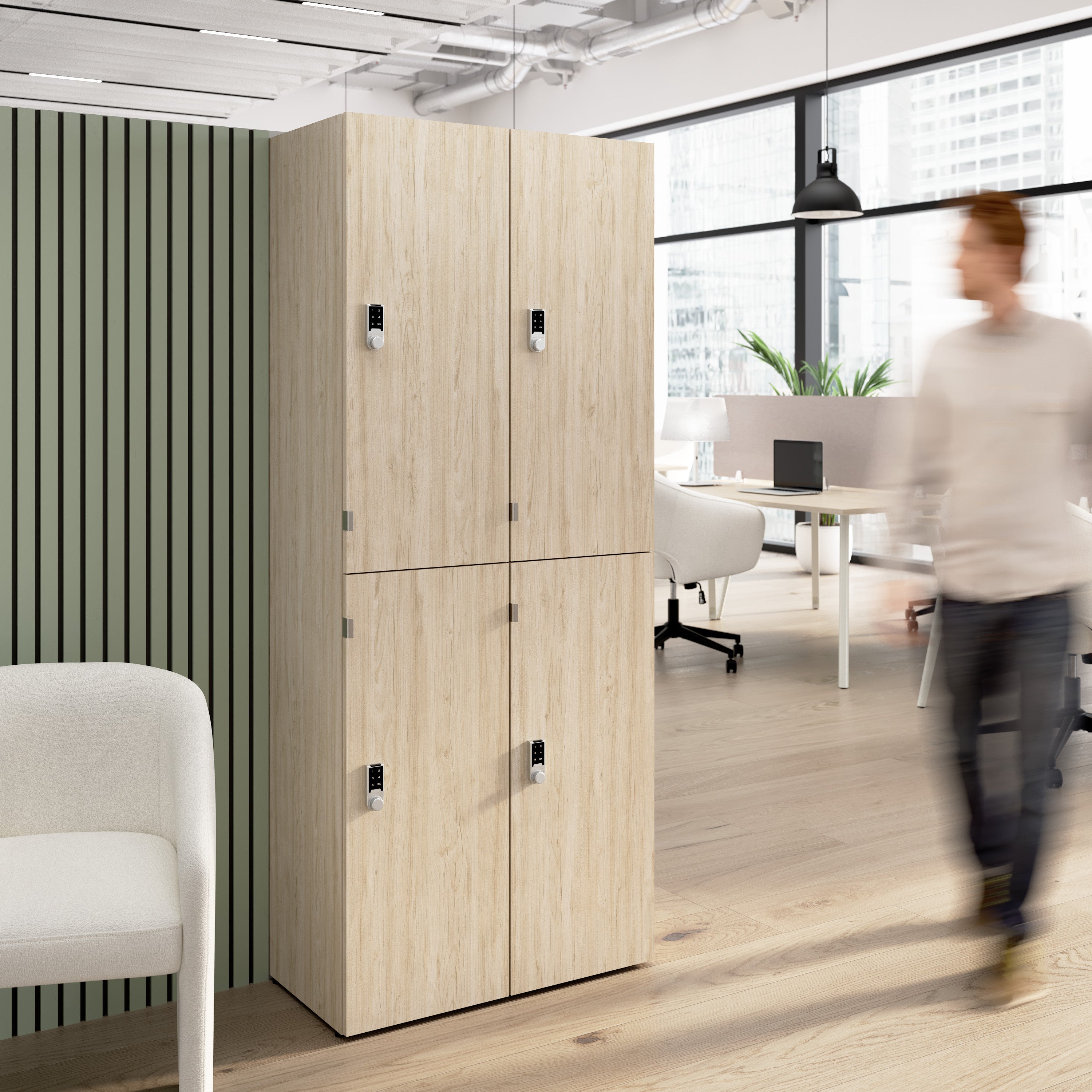Bush Business Furniture Assure Two Tier 4 Door Storage Lockers with Keypad Locks in Natural Elm - 29.76" Width x 15.35" Depth x 72.15" Height
