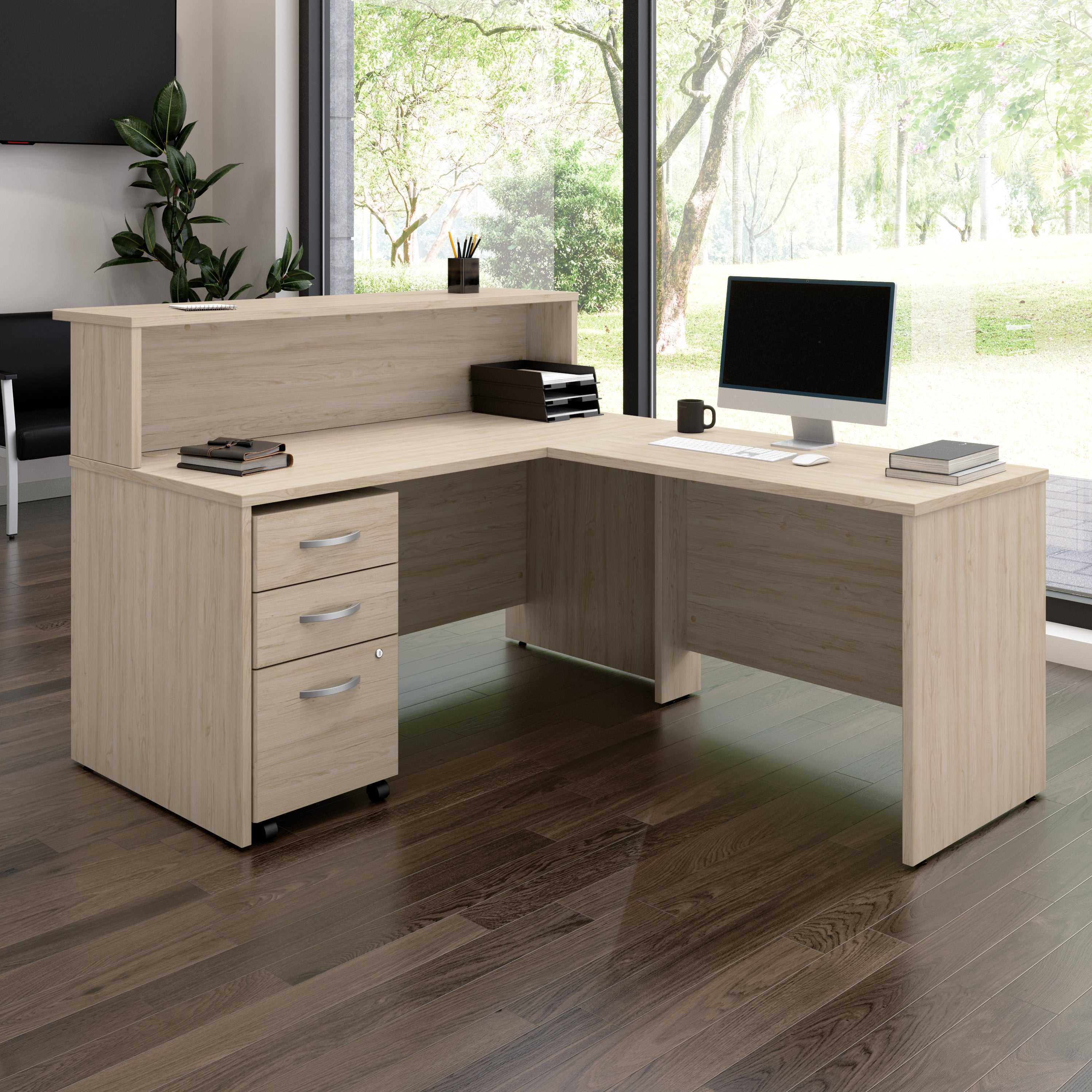 Bush Business Furniture Arrive 60W x 72D L Shaped Reception Desk with Shelf and Mobile File Cabinet in Natural Elm - 59.45" Width x 71.02" Depth x 43.71" Height