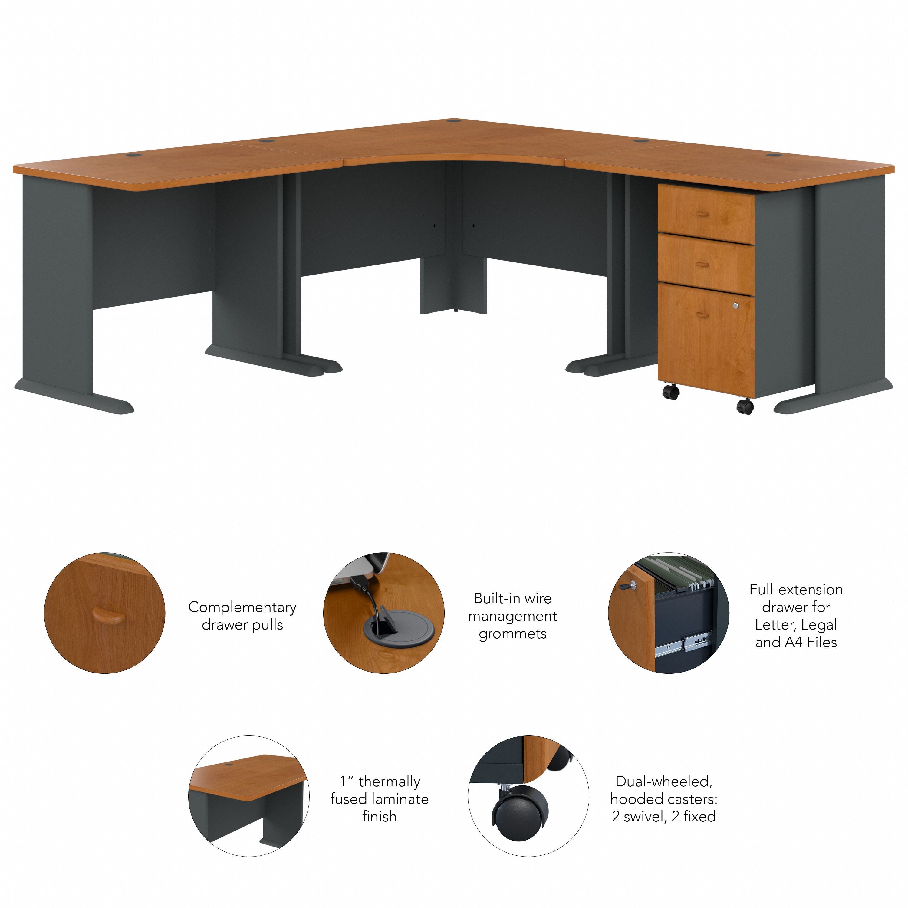 Bush Business Furniture Series A 84W x 84D Corner Desk with Mobile File Cabinet in Natural Cherry and Slate - 82.76" Width x 82.76" Depth x 29.66" Height