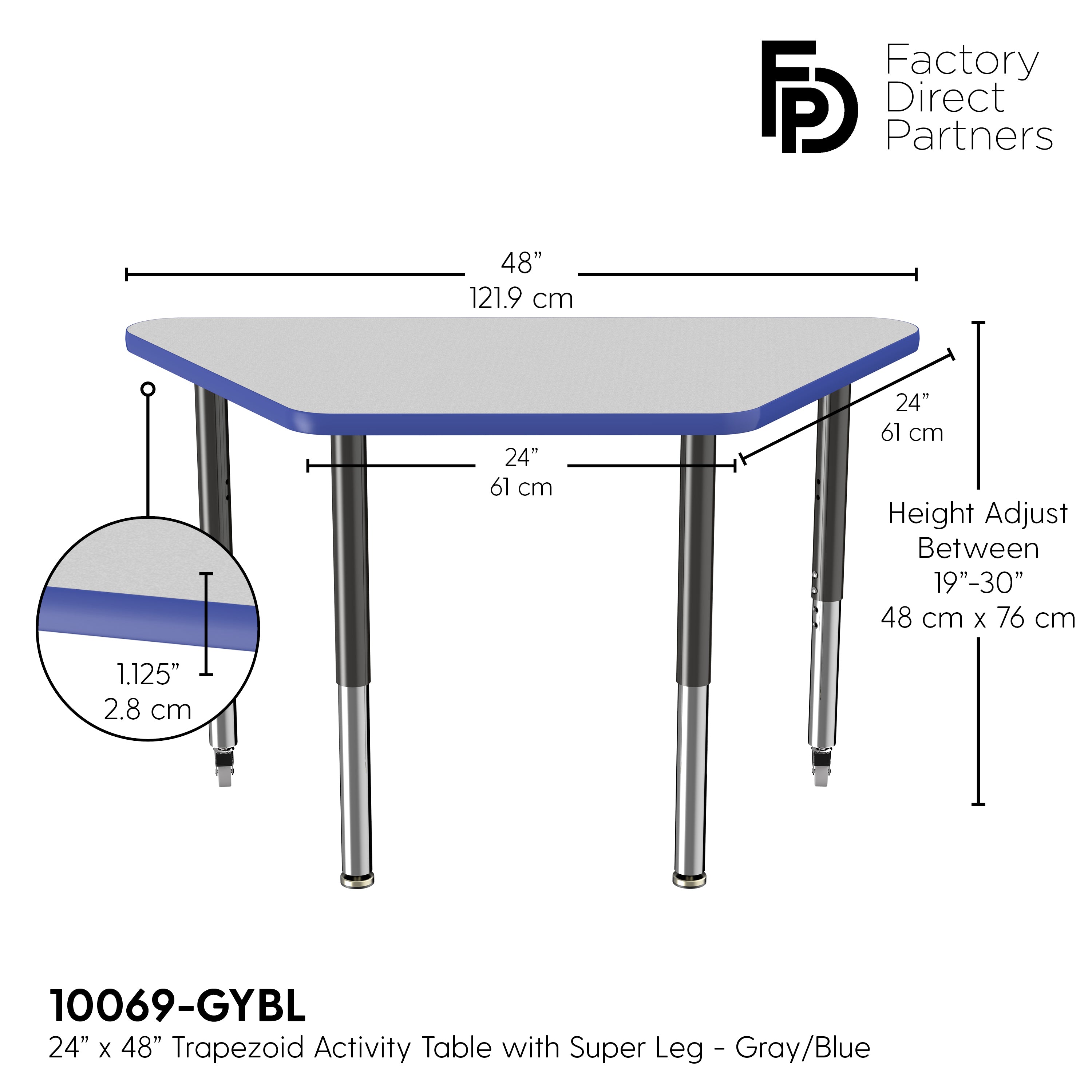 24" x 48" Trapezoid T-Molding Activity Table with Adjustable Super Legs - Gray/Blue/Black