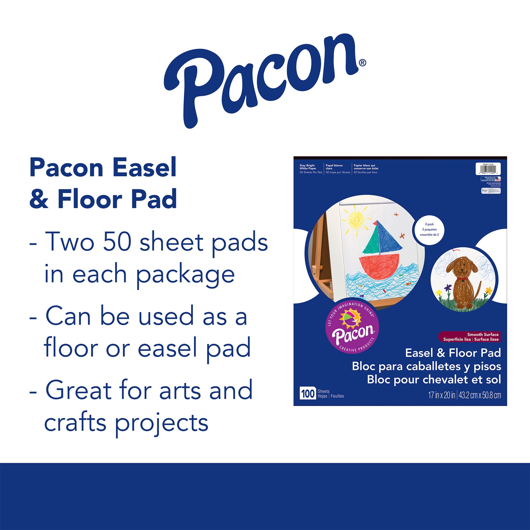 Easel & Floor Pads, White, Unruled 17" x 20", 50 Sheets, Pack of 2