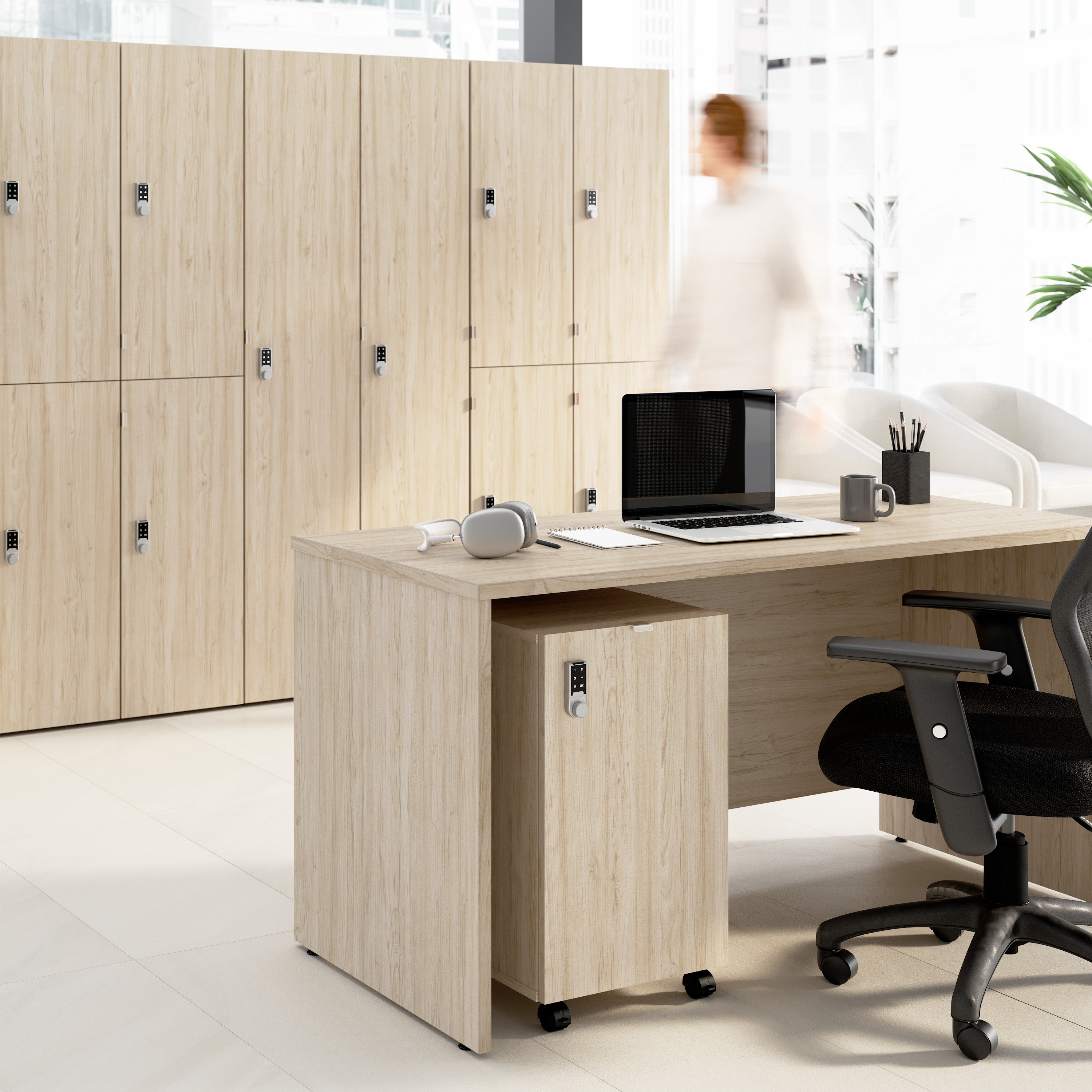 Bush Business Furniture Assure Mobile File Cabinet with Drawers and Keypad Lock in Natural Elm - 15.65" Width x 20.24" Depth x 25.91" Height