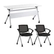 Bush Business Furniture Envision 60W Training Table with Powered Grommets and 2 Chairs with Arms in White - 59.45" Width x 23.54" Depth x 32.87" Height