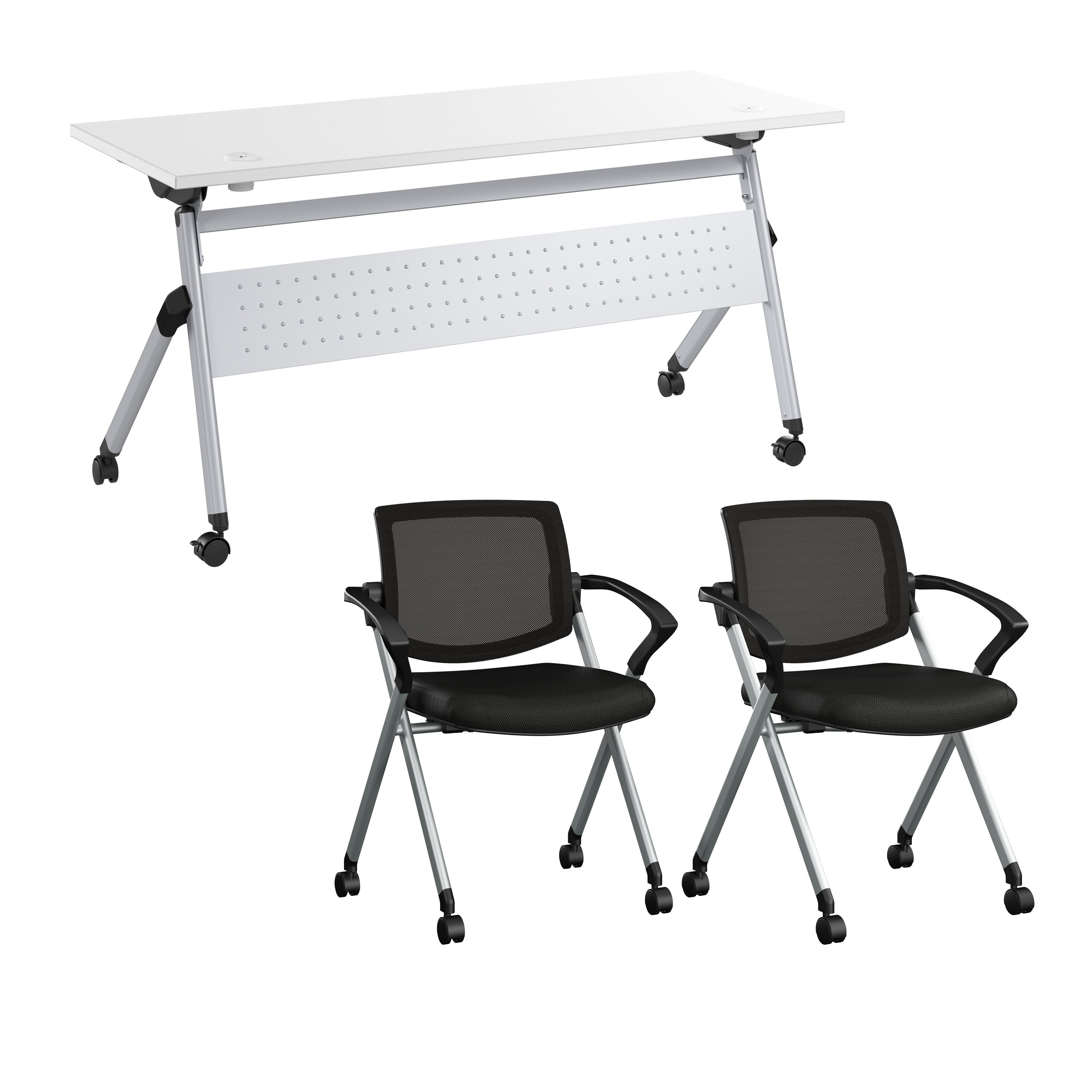 Bush Business Furniture Envision 60W Training Table with Powered Grommets and 2 Chairs with Arms in White - 59.45" Width x 23.54" Depth x 32.87" Height