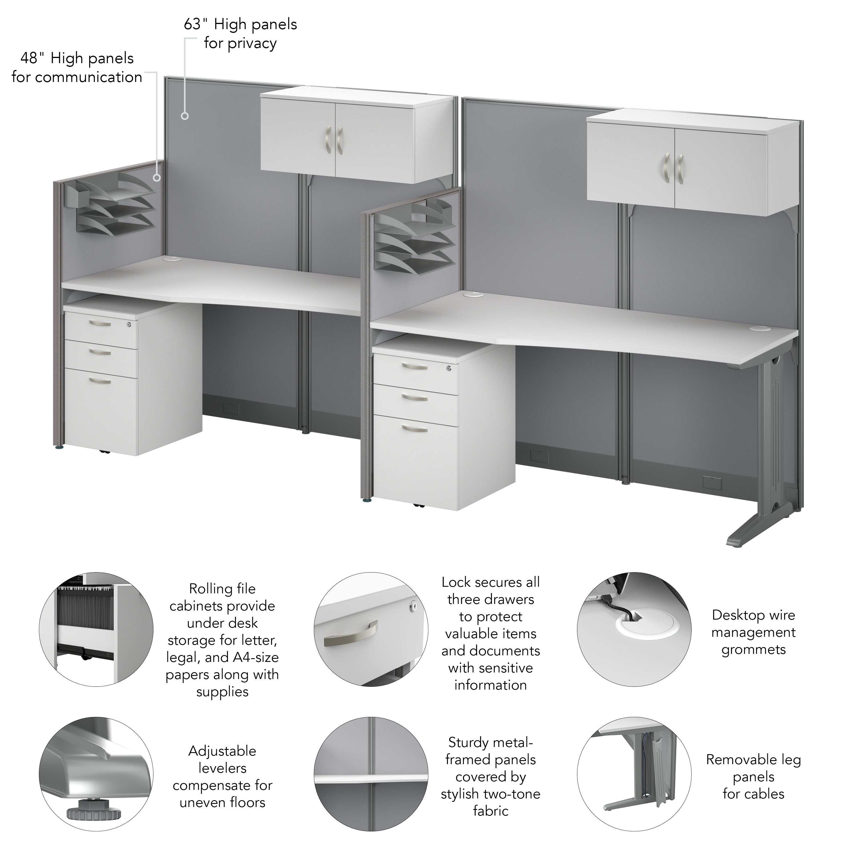 Bush Business Furniture Office in an Hour 2 Person Straight Cubicle Desks with Storage, Drawers, and Organizers in Pure White - 128.97" Width x 32.24" Depth x 62.86" Height