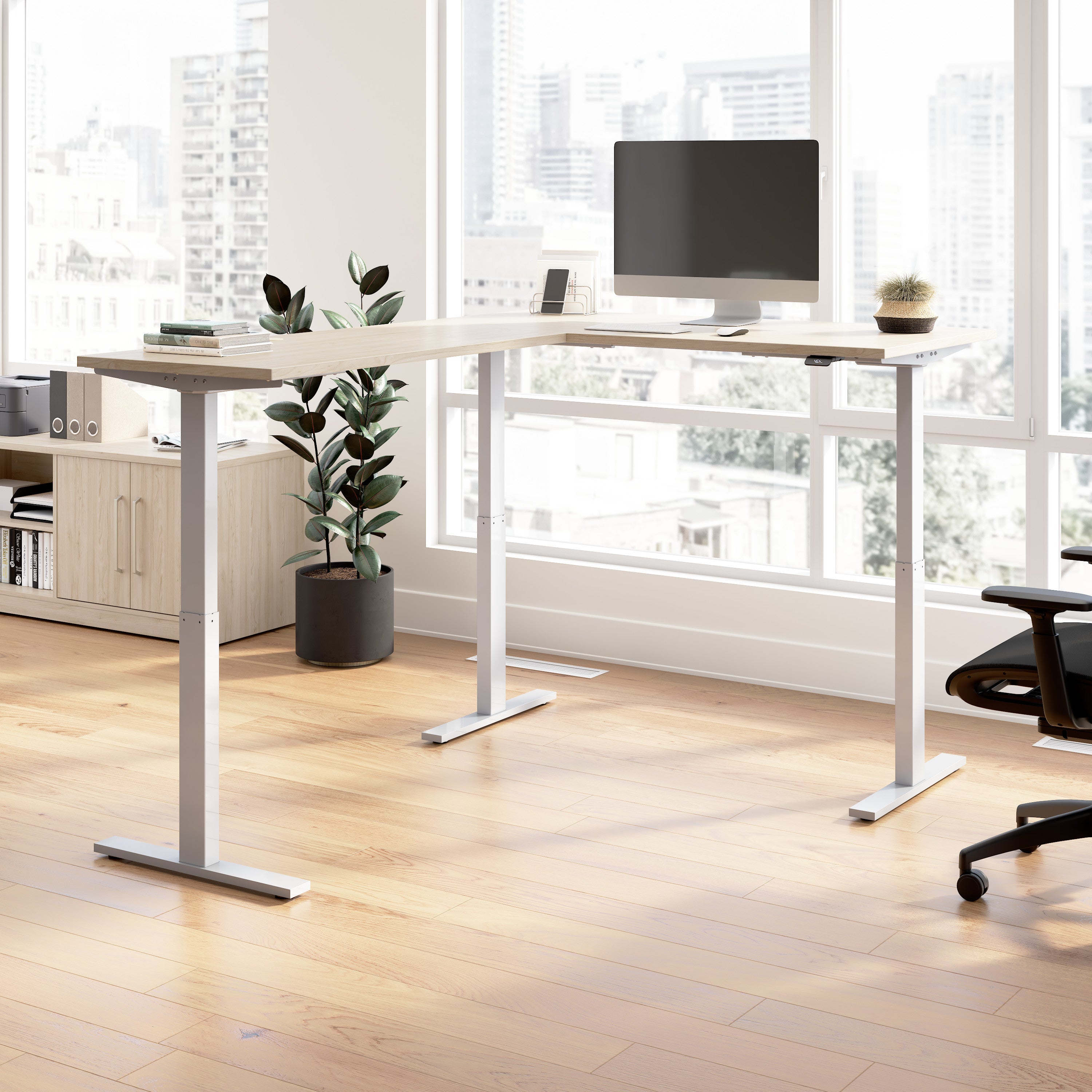 Bush Business Furniture Move 60 Series 60W Height Adjustable L Shaped Standing Desk in Natural Elm with Metallic Gray Base - 59.45" Width x 76.97" Depth x 27.44" Height