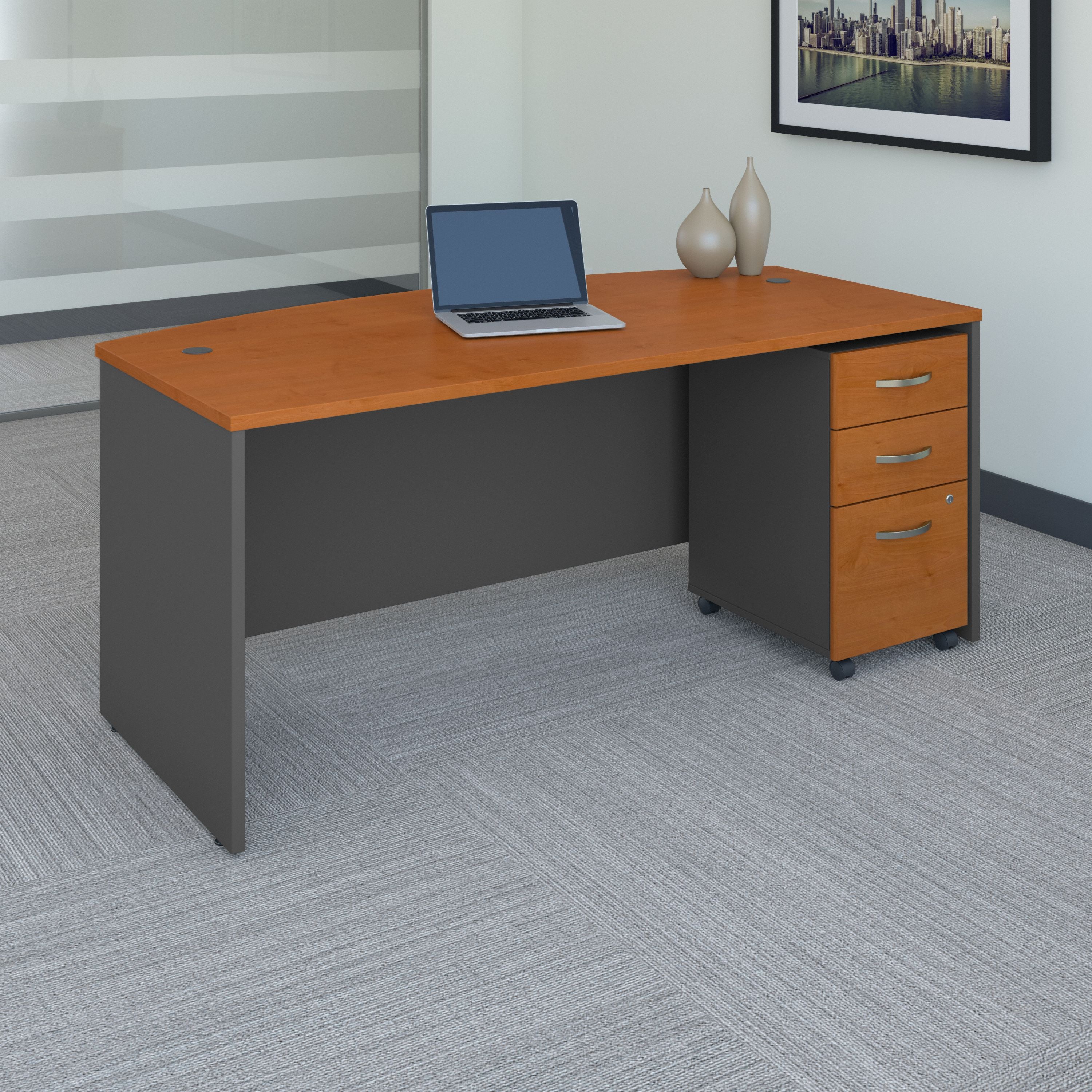 Bush Business Furniture Series C 72W x 36D Bow Front Desk with Mobile File Cabinet in Natural Cherry - 71.1" Width x 36.06" Depth x 29.84" Height