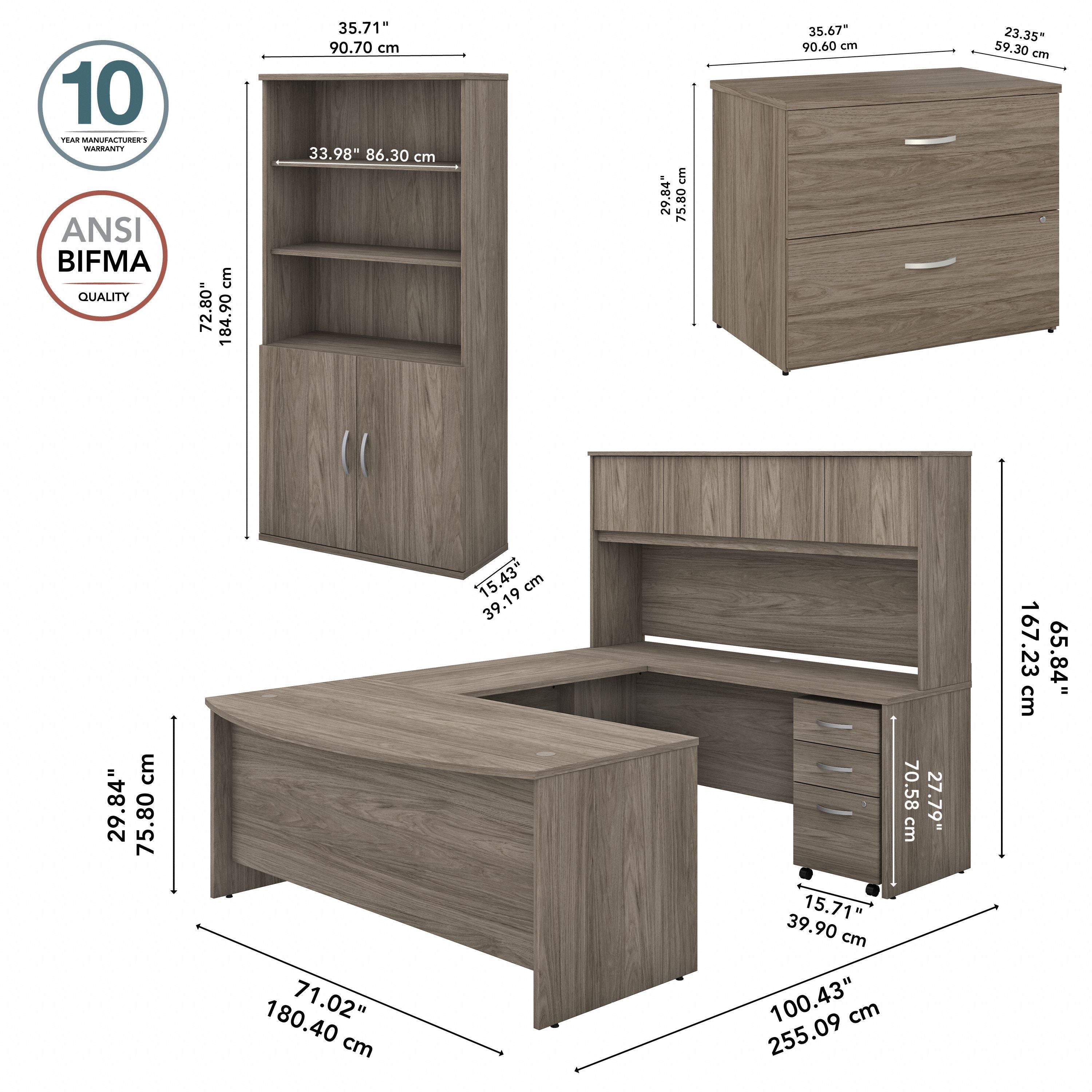 Bush Business Furniture Studio C 72W x 36D U Shaped Desk with Hutch, Bookcase and File Cabinets in Modern Hickory - 71.02" Width x 100.43" Depth x 72.8" Height
