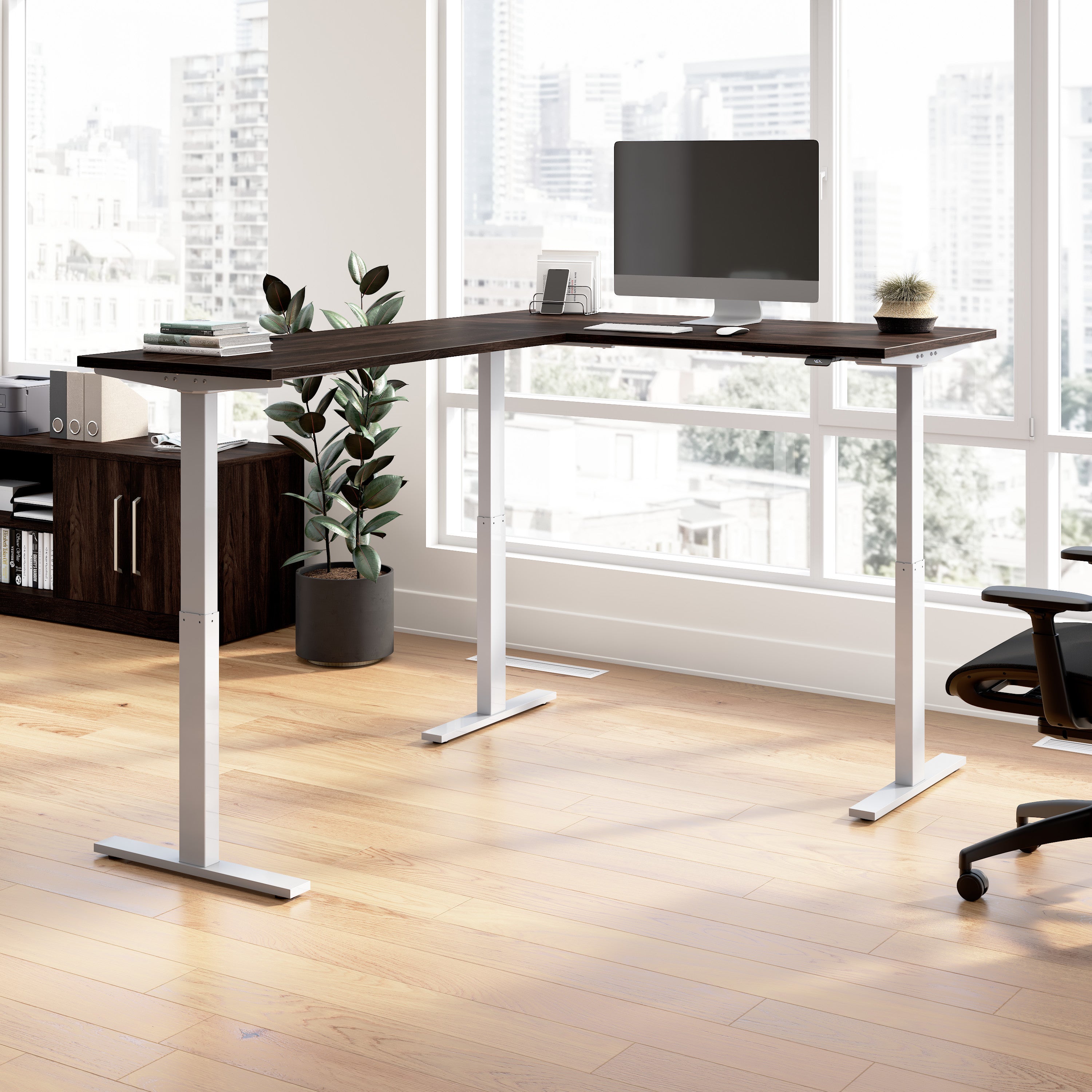 Bush Business Furniture Move 60 Series 60W Height Adjustable L Shaped Standing Desk in Black Walnut with Metallic Gray Base - 59.45" Width x 76.97" Depth x 27.44" Height