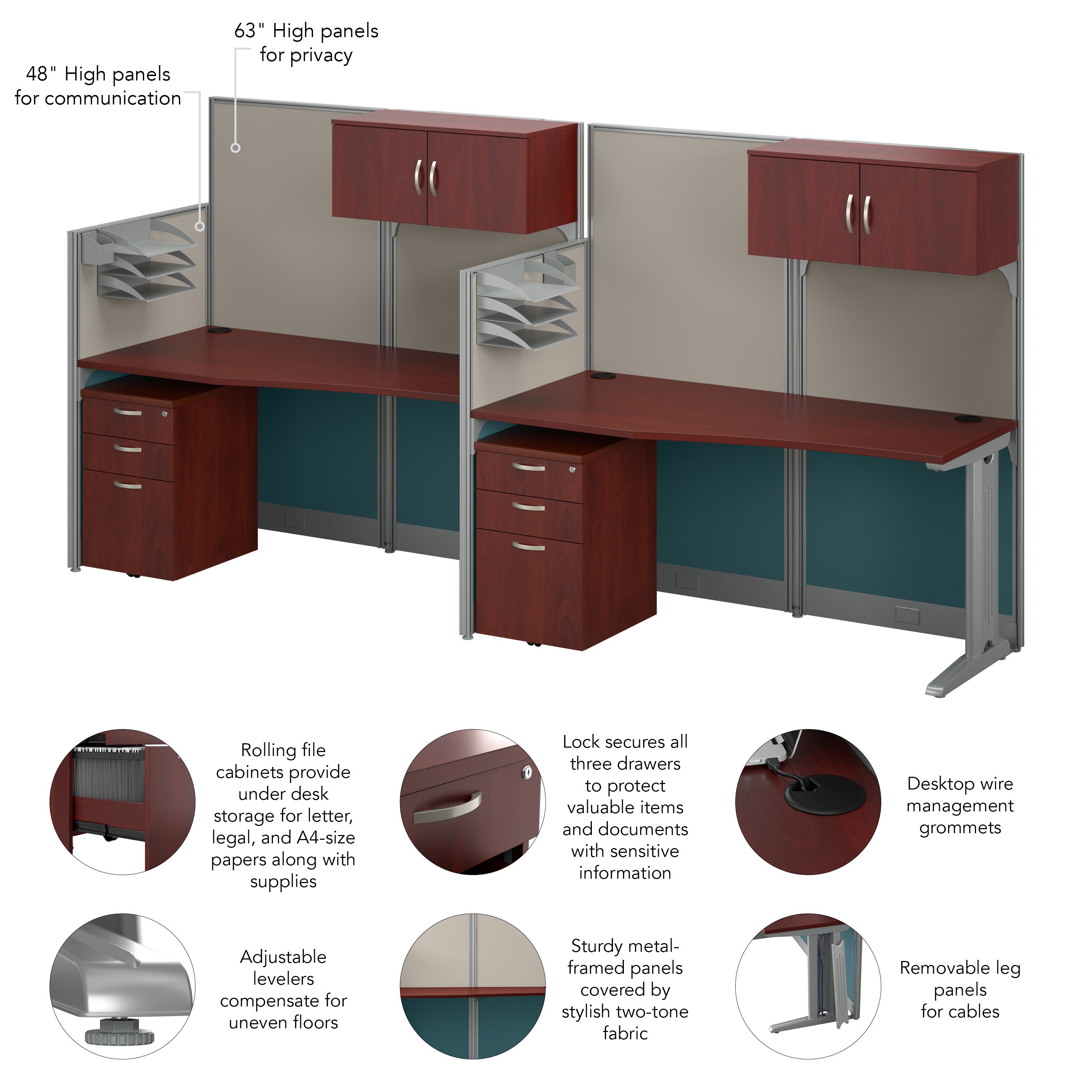 Bush Business Furniture Office in an Hour 2 Person Straight Cubicle Desks with Storage, Drawers, and Organizers in Hansen Cherry - 128.98" Width x 32.24" Depth x 62.87" Height