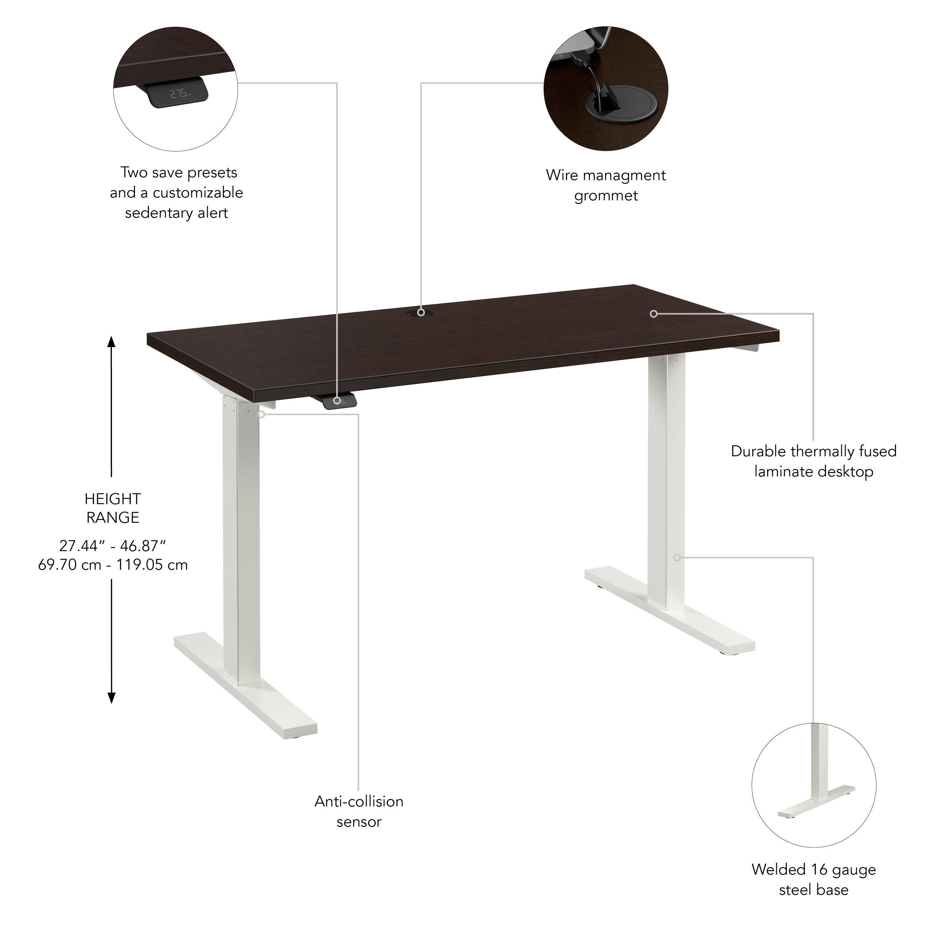 Bush Business Furniture Move 60 Series 48W x 24D Electric Height Adjustable Standing Desk in Mocha Cherry with White Base - 47.6" Width x 23.62" Depth x 27.44" Height